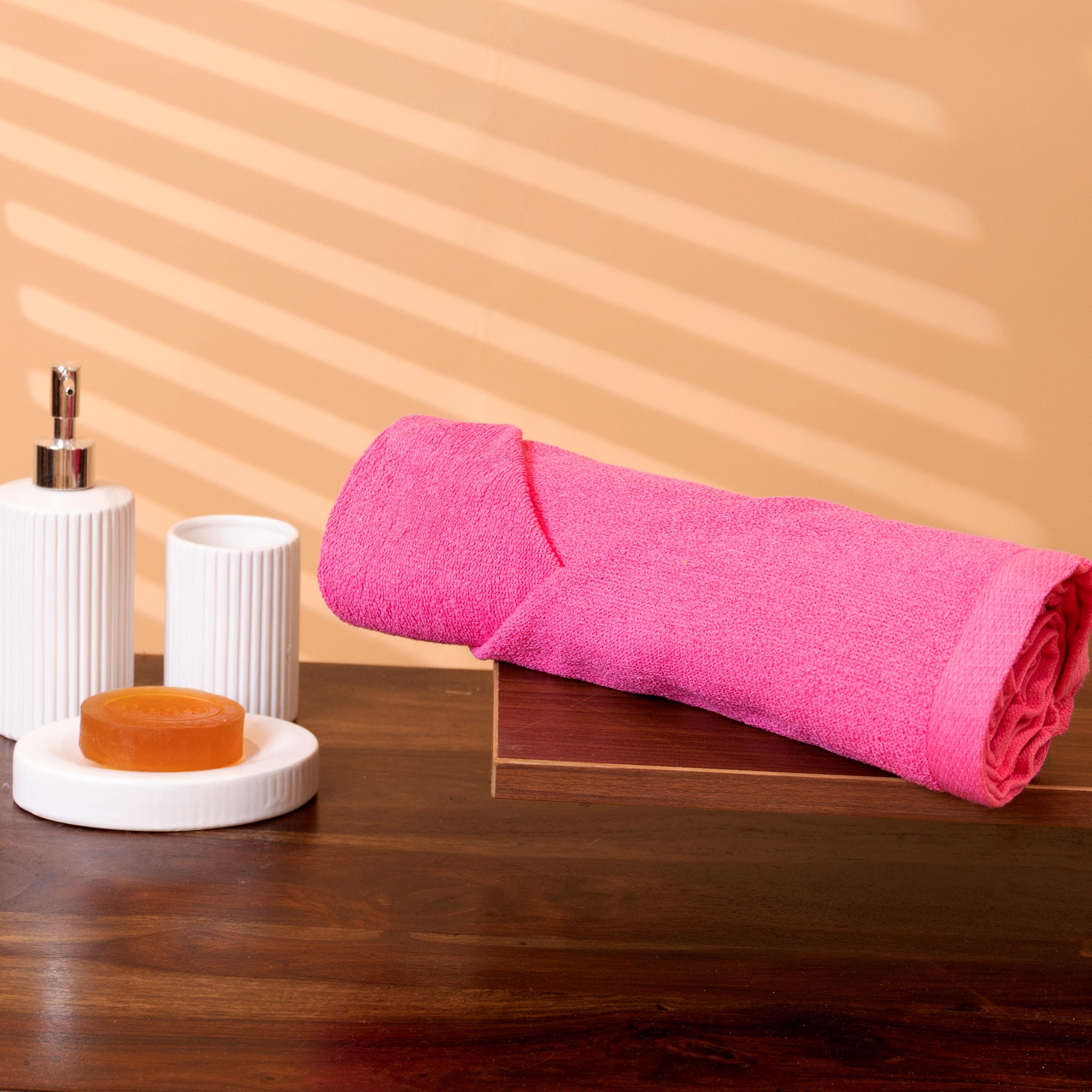 Elegant Soft Absorbent Terry Cloth Towel with Patterned Band - Pink