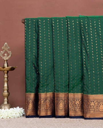 Elegant Soft Silk Saree  All-Over Leaf Pattern and Rich Heritage Style Border - Green