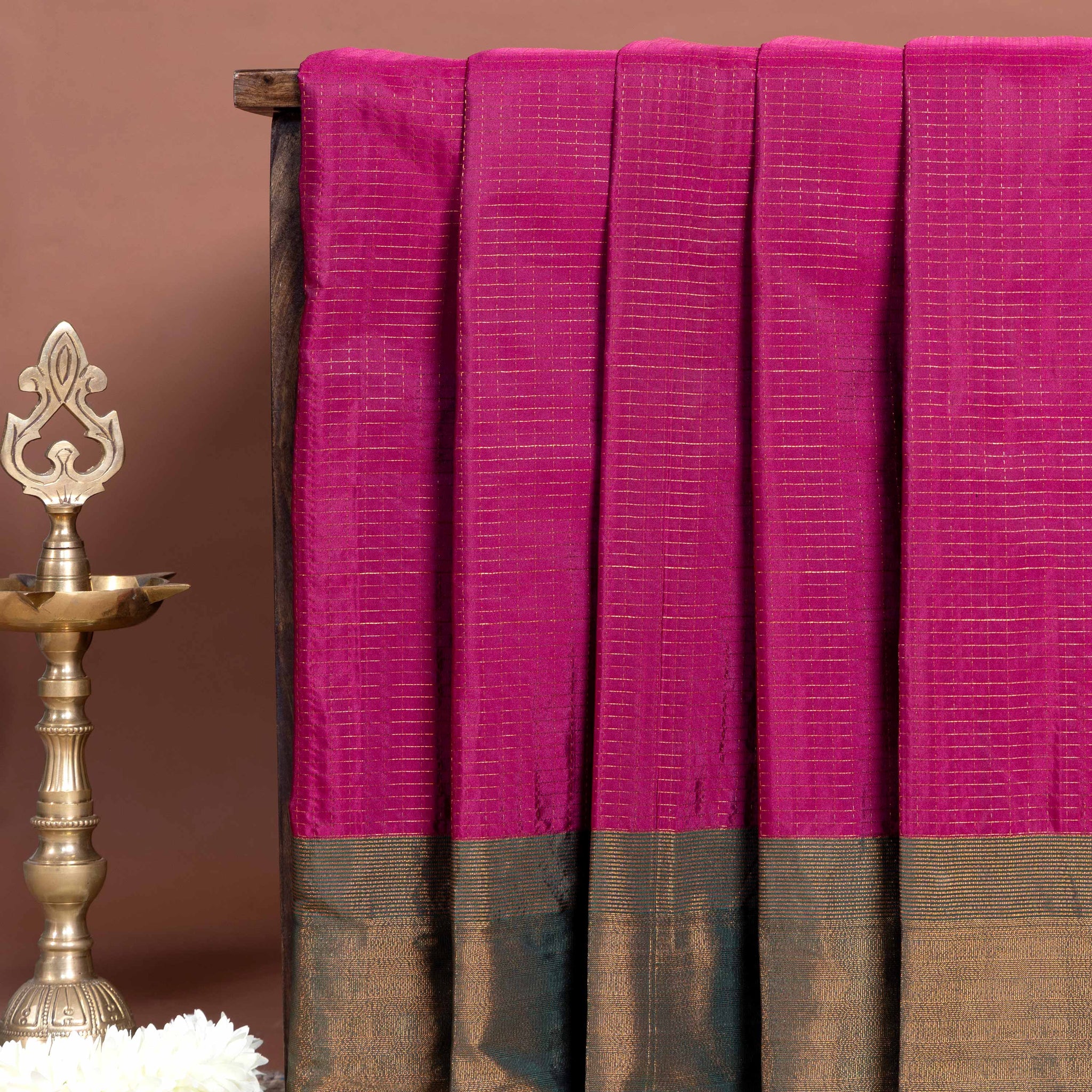 Elegant Soft Silk Saree All Over Zari Checks and Traditional Contrast Border - Purple
