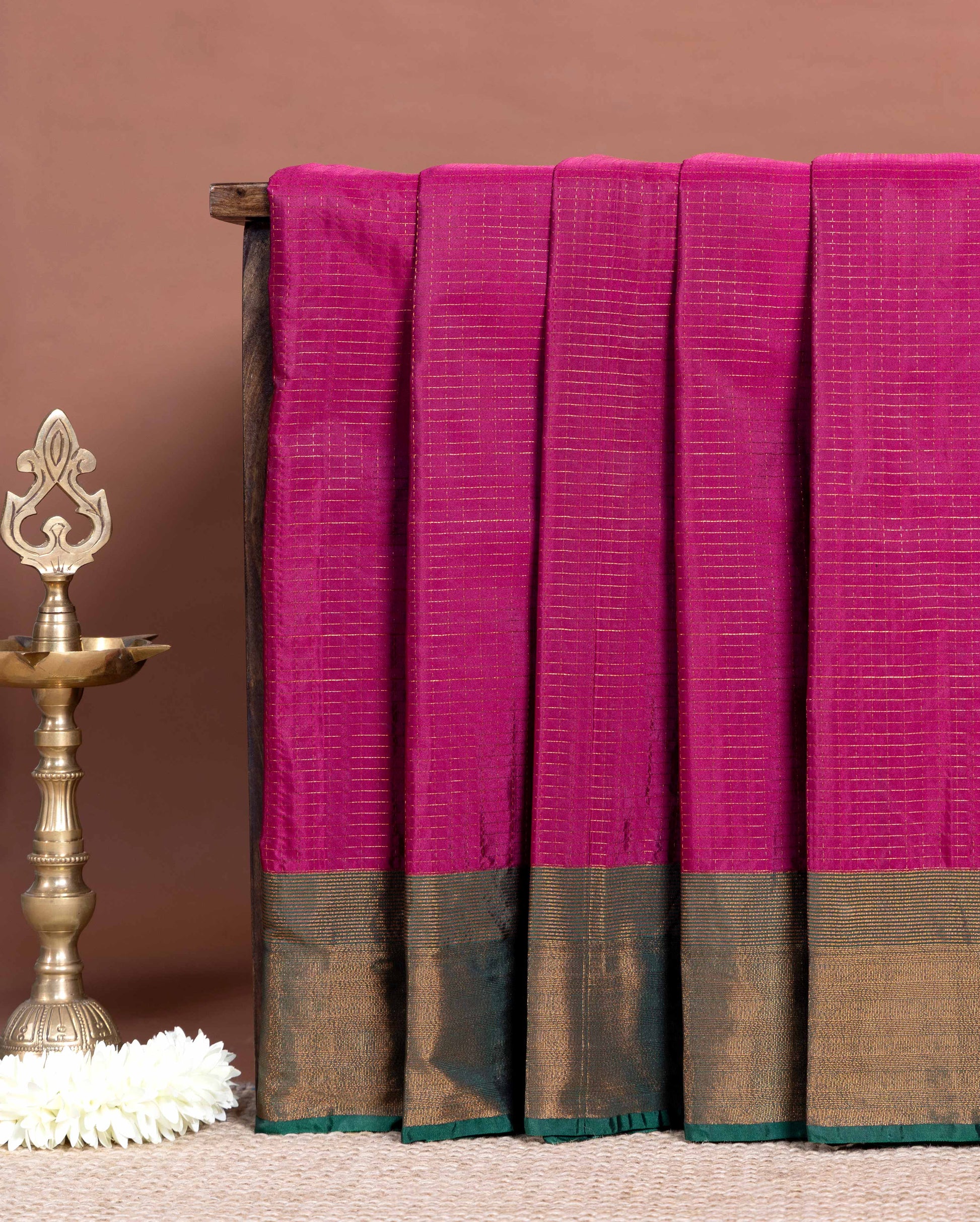 Elegant Soft Silk Saree All Over Zari Checks and Traditional Contrast Border - Purple