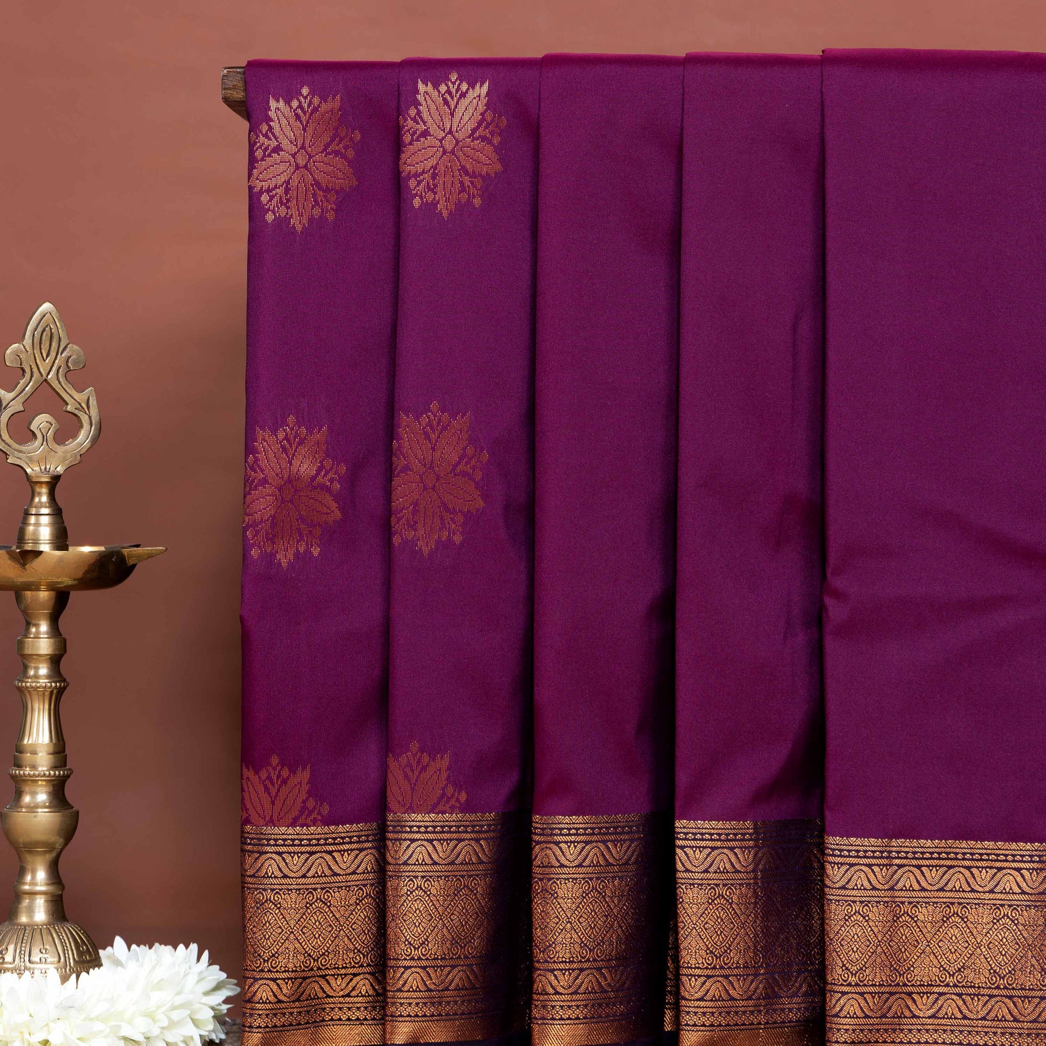 Elegant Soft Silk Saree Intricate Zari Flower Buttas and Classic Border Design - Purple