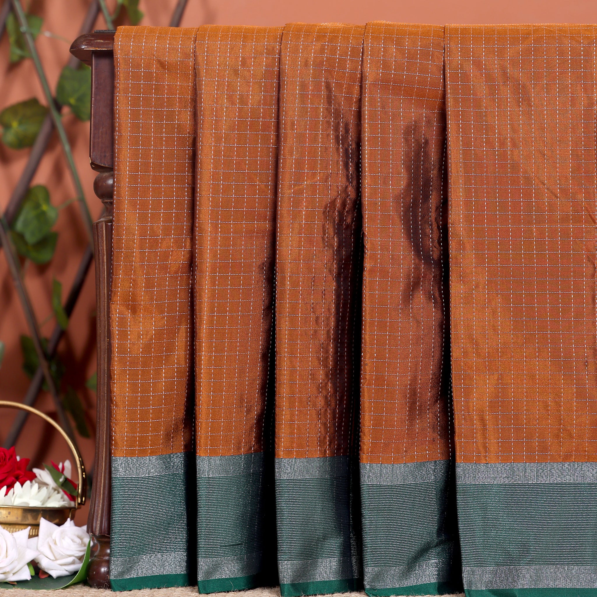 Elegant Soft Silk Saree with Checkered Body and Contrast Woven Border - Brown