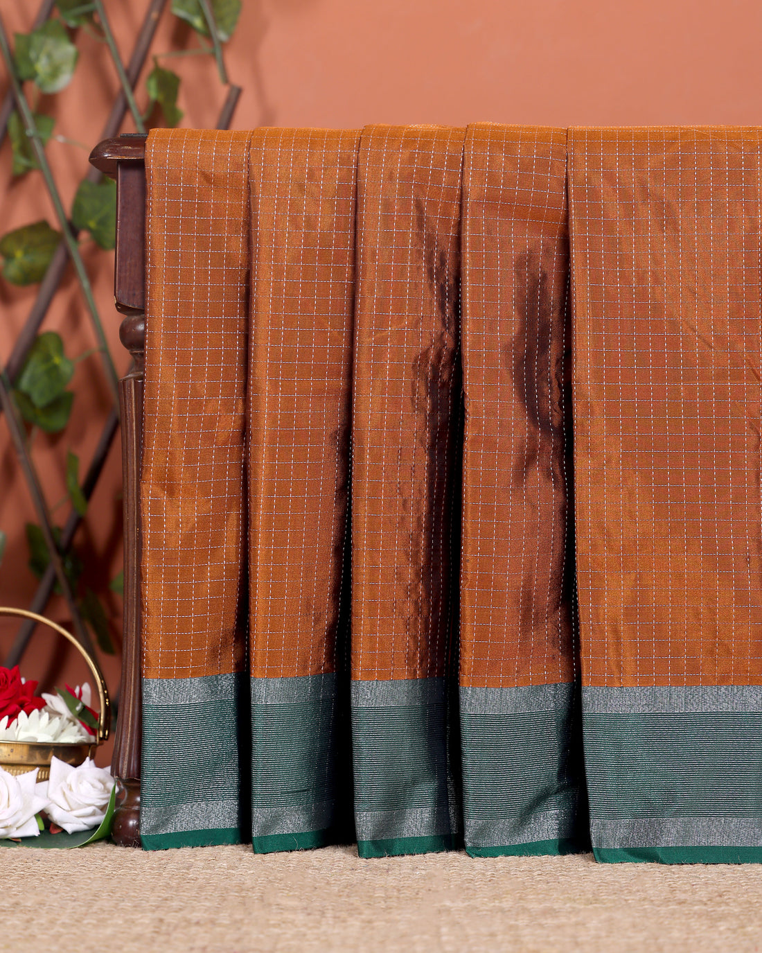 Elegant Soft Silk Saree with Checkered Body and Contrast Woven Border - Brown