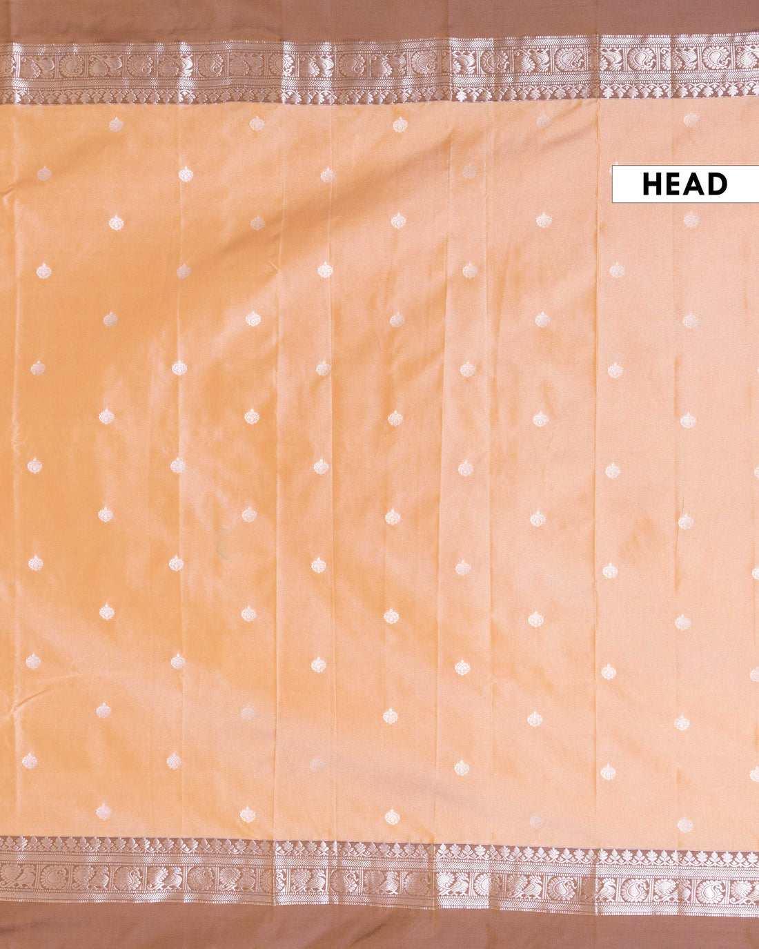 
Elegant Soft Silk Saree with Delicate Zari Buttas and Peacock Motif Contrast Border  - Peach
