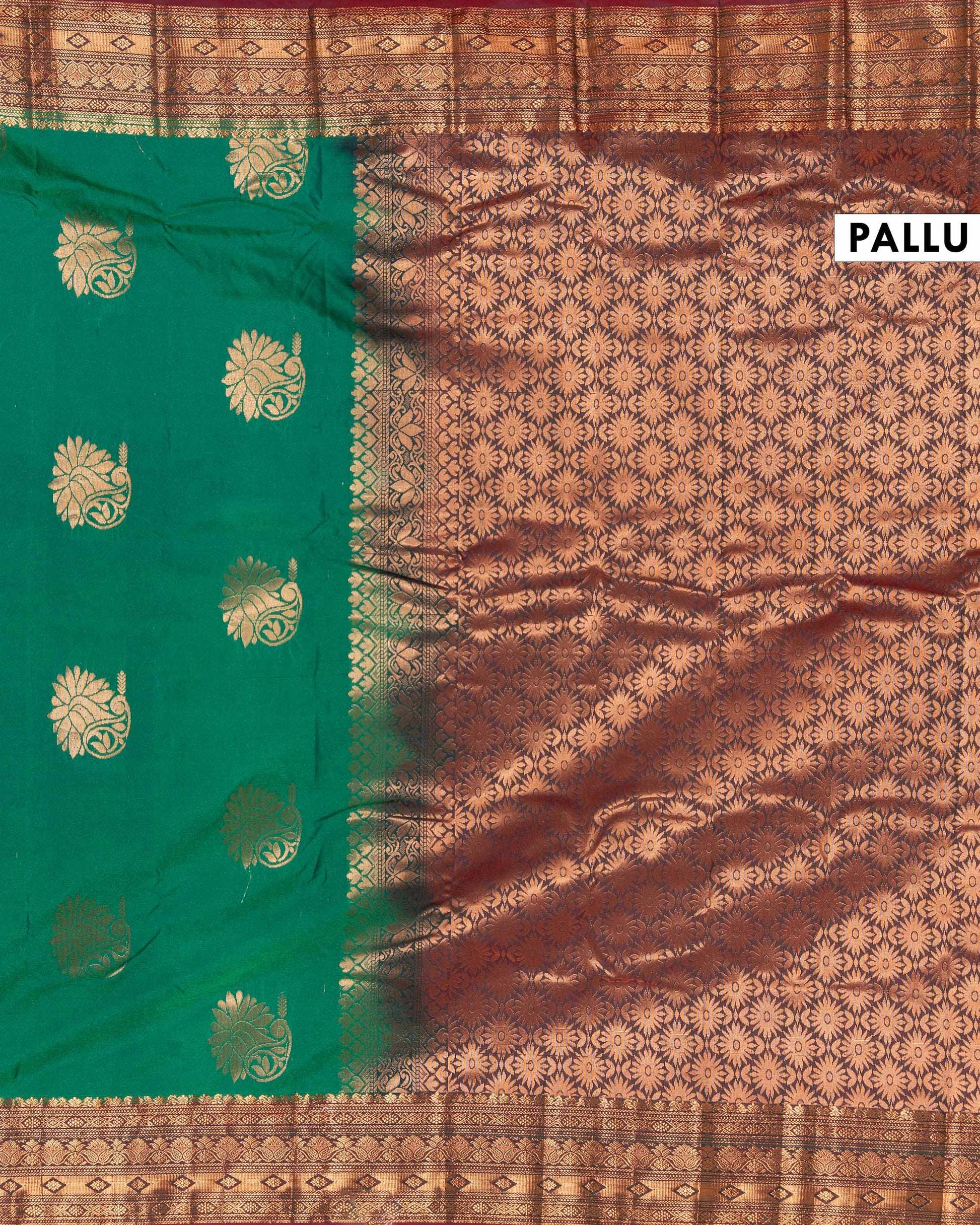 Elegant Soft Silk Saree with Floral Zari Buttas and Traditional Contrast Border - Green