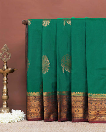Elegant Soft Silk Saree with Floral Zari Buttas and Traditional Contrast Border - Green