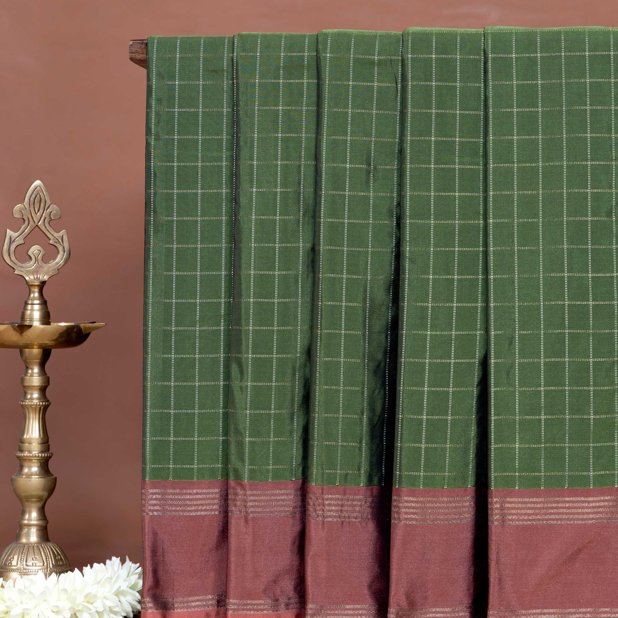 Elegant Soft Silk Saree with Geometric Checked Design and Handcrafted Border - Green