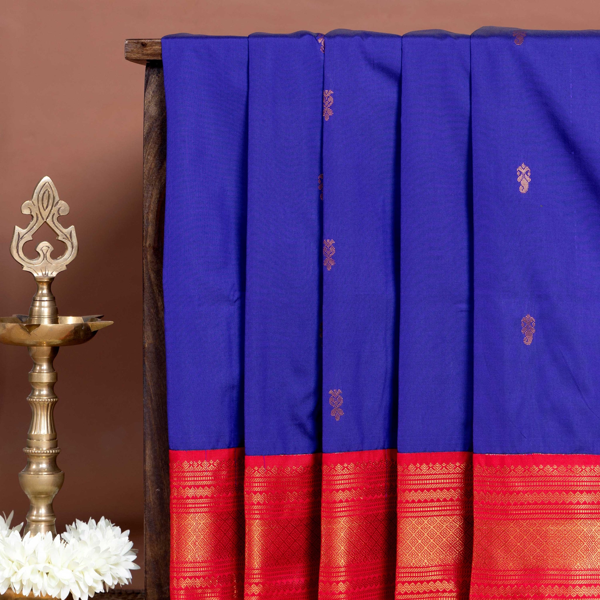 Elegant Soft Silk Saree with Intricate Zari Motifs and Temple Pattern Border - Blue