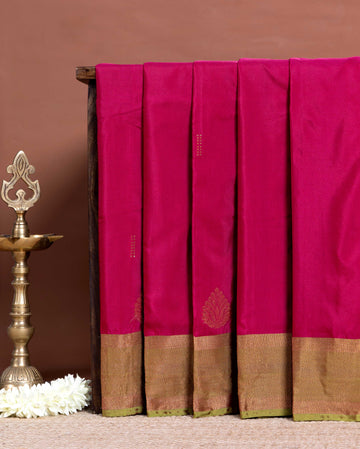 Elegant Soft Silk Saree with Traditional Zari Leaf Motifs and Contrast Border - Dark Pink