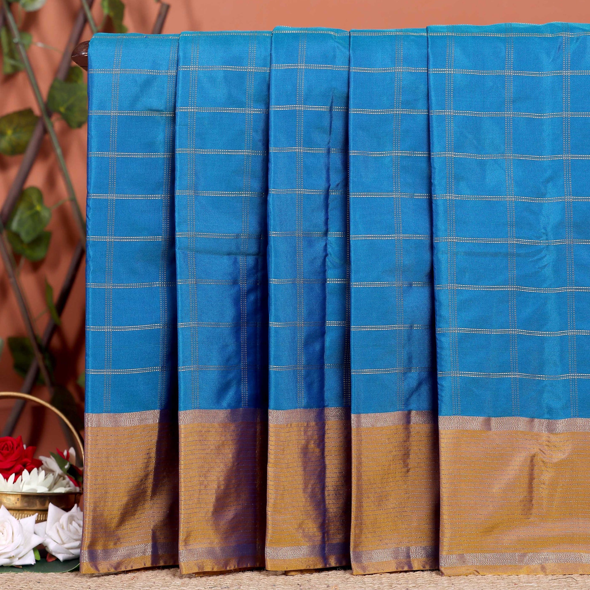 Elegant Soft Silk Saree with Woven Checks and Contrast Border - Blue