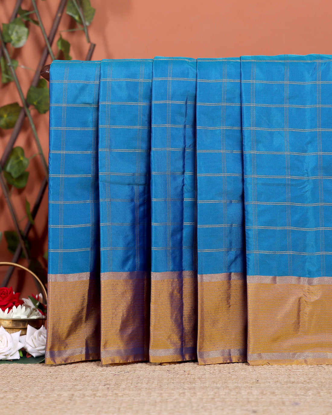 Elegant Soft Silk Saree with Woven Checks and Contrast Border - Blue