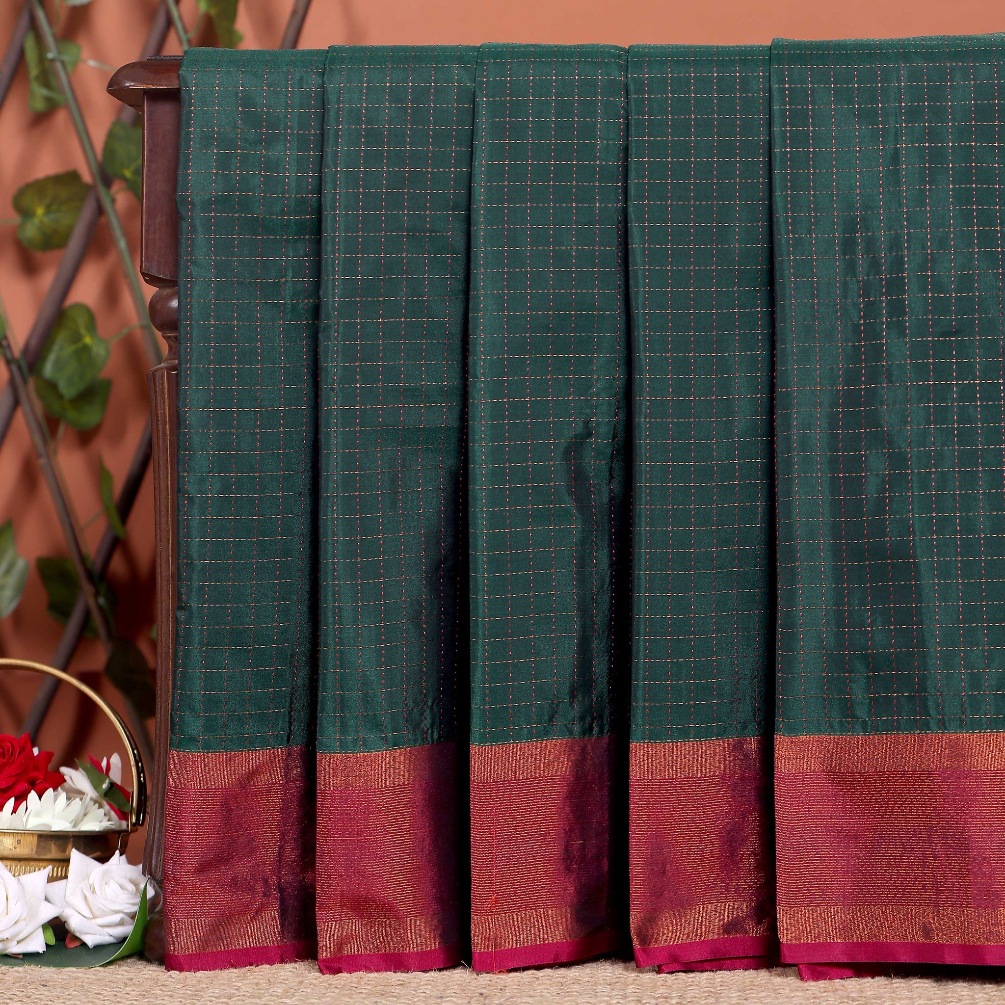 Elegant Soft Silk Saree with Woven Checks and Contrast Border - Dark Green