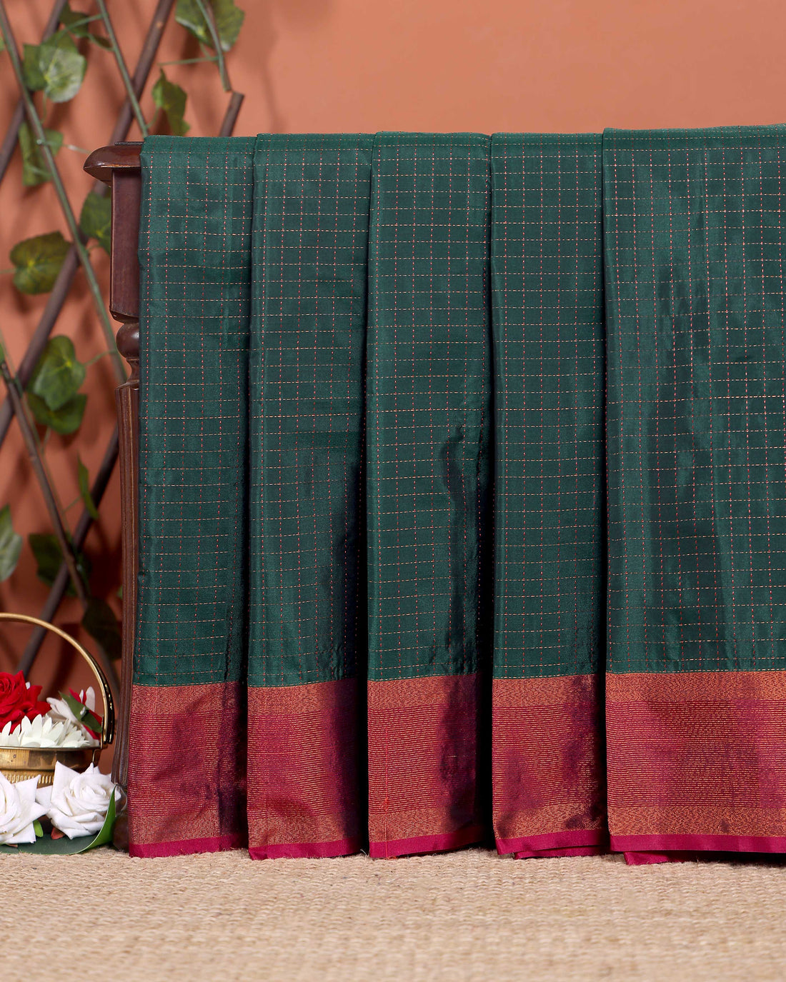 Elegant Soft Silk Saree with Woven Checks and Contrast Border - Dark Green