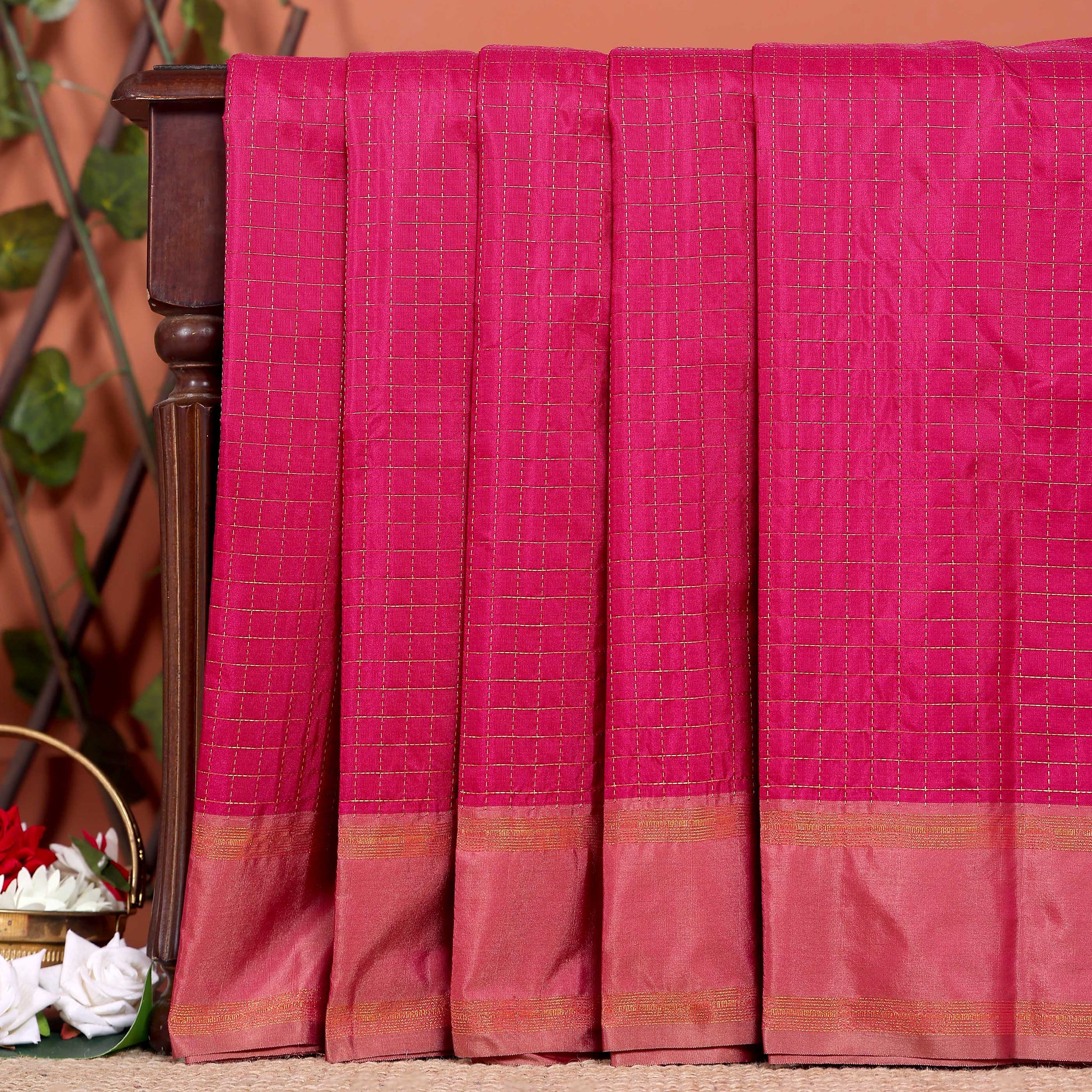 Elegant Soft Silk Saree with Woven Checks and Contrast Border - Dark Pink