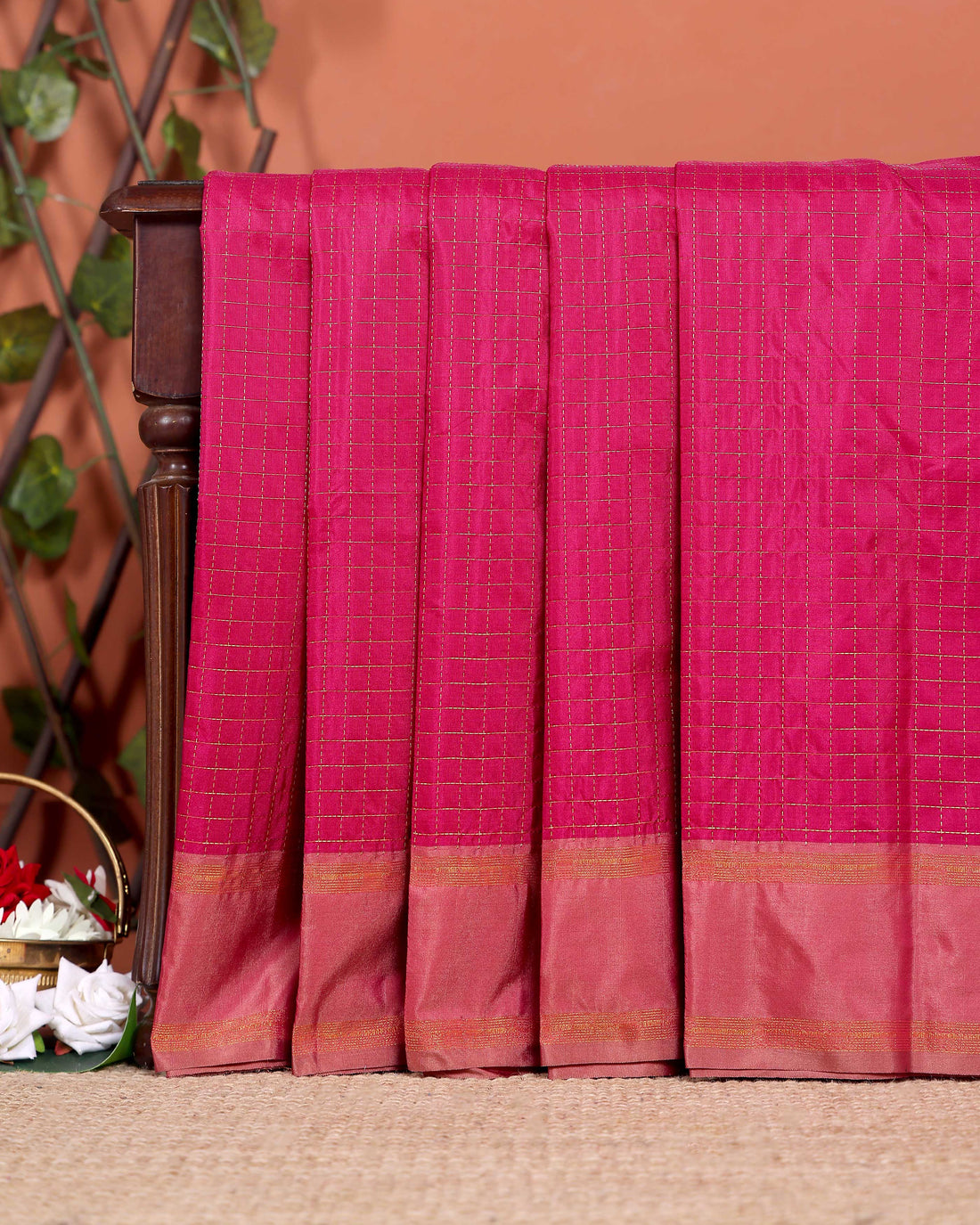 Elegant Soft Silk Saree with Woven Checks and Contrast Border - Dark Pink