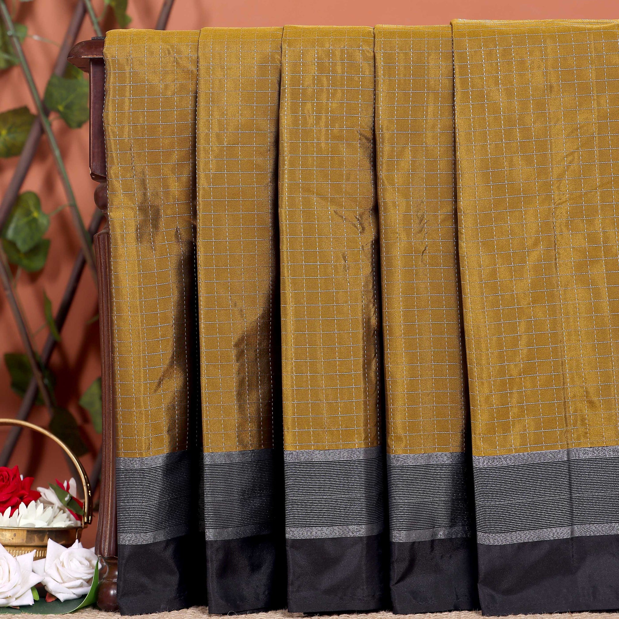 Elegant Soft Silk Saree with Woven Checks and Contrast Border - Olive Green