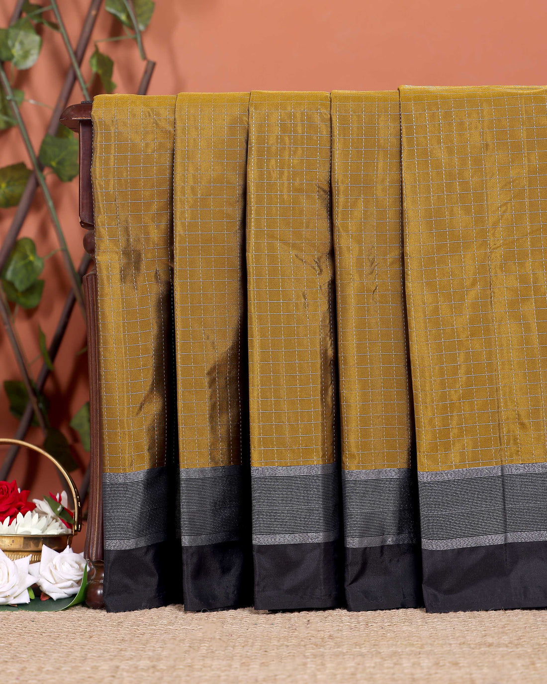 Elegant Soft Silk Saree with Woven Checks and Contrast Border - Olive Green