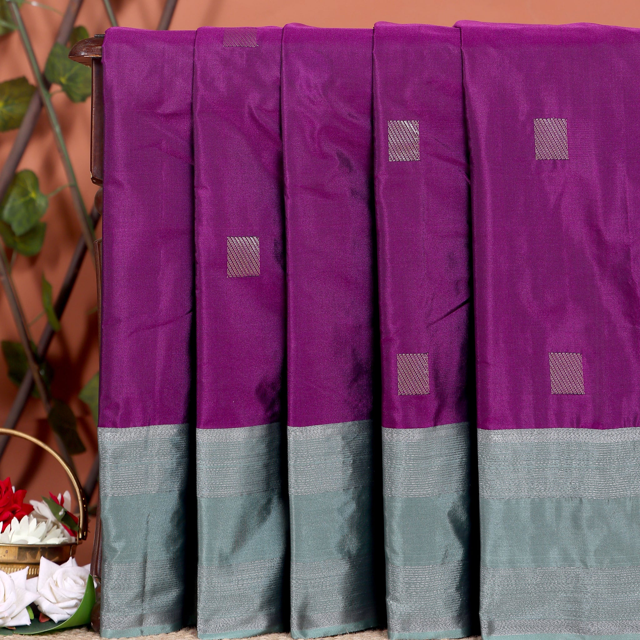 Elegant Soft Silk Saree with Woven Square Buttis and Contrast Border - Purple