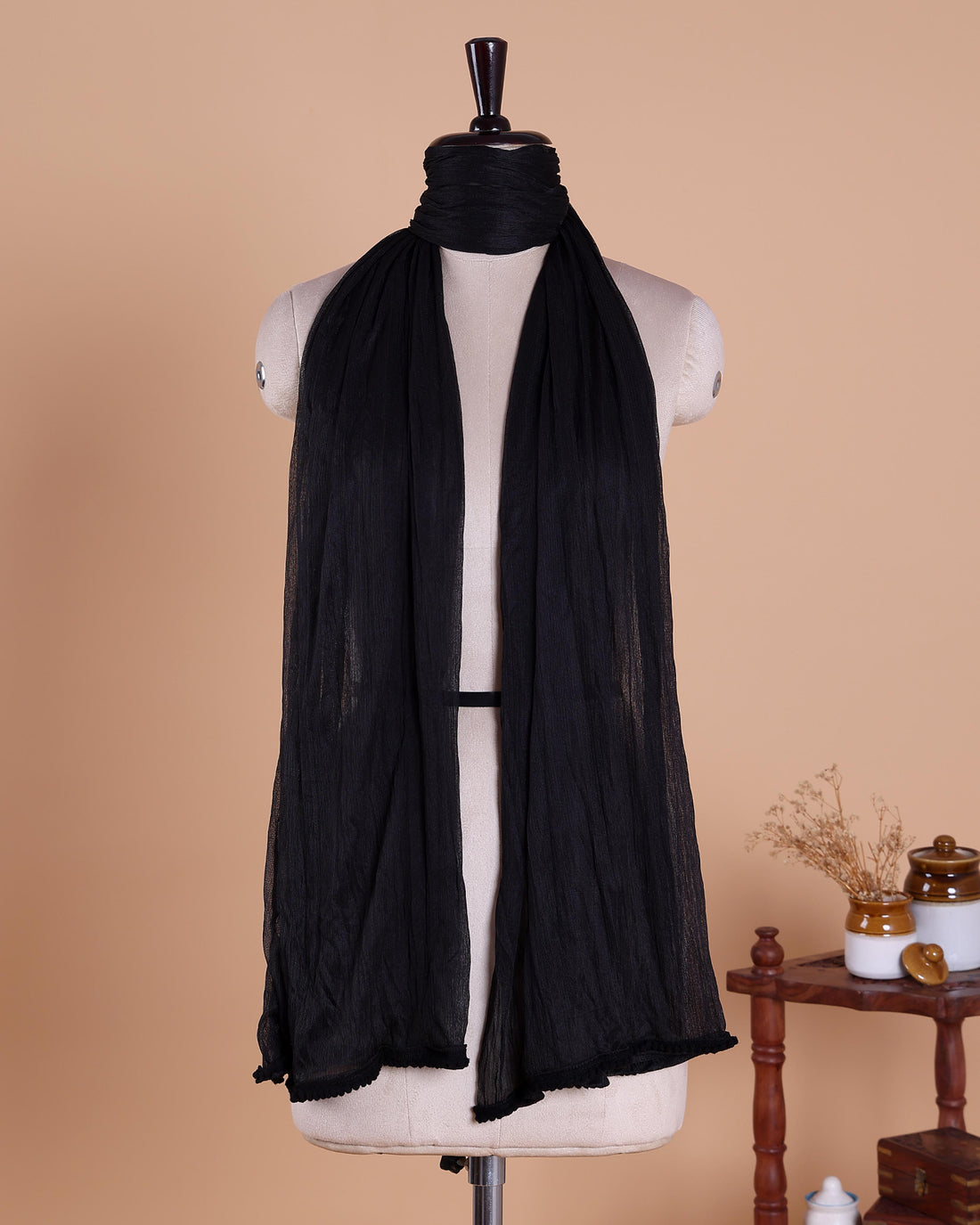 Elegant Solid Women’s Dupatta with Soft Crinkled Texture Lightweight Sheer and Finished Edges - Black