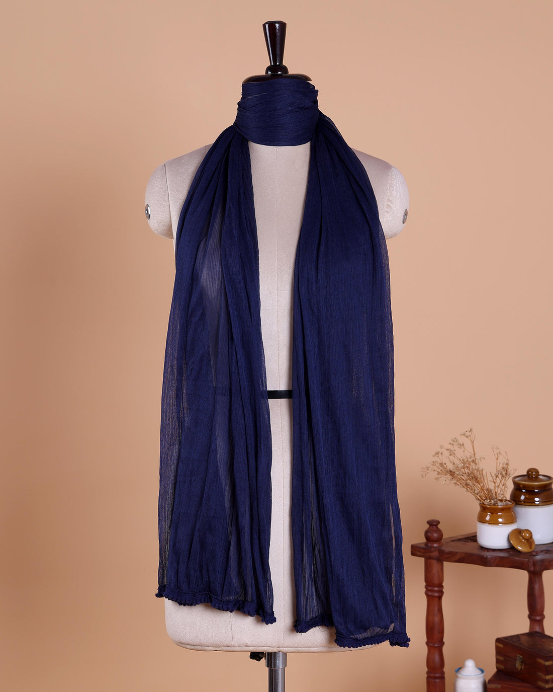 Elegant Solid Women’s Dupatta with Soft Crinkled Texture Lightweight Sheer and Finished Edges - Navy Blue