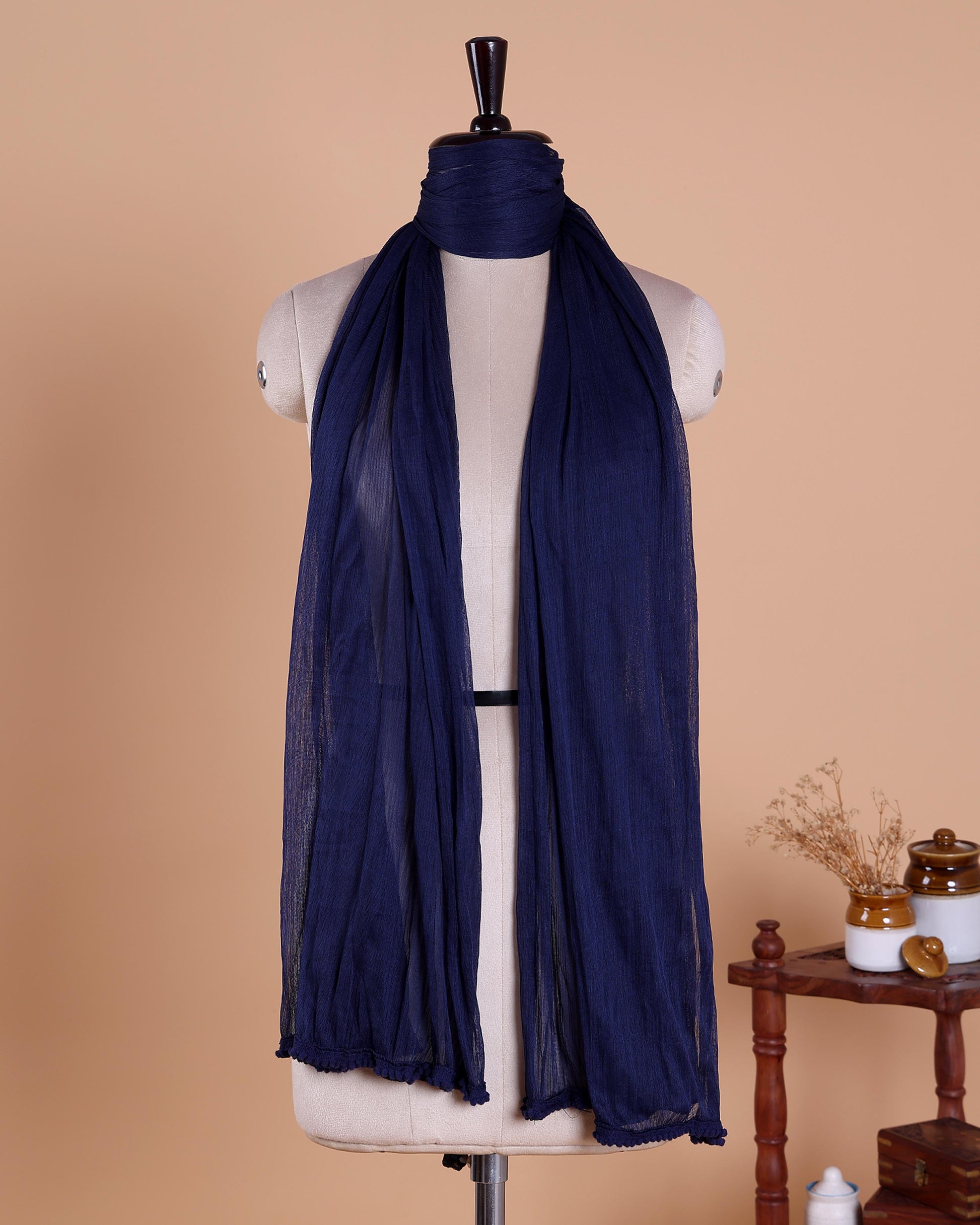 Elegant Solid Women’s Dupatta with Soft Crinkled Texture Lightweight Sheer and Finished Edges, Navy Blue