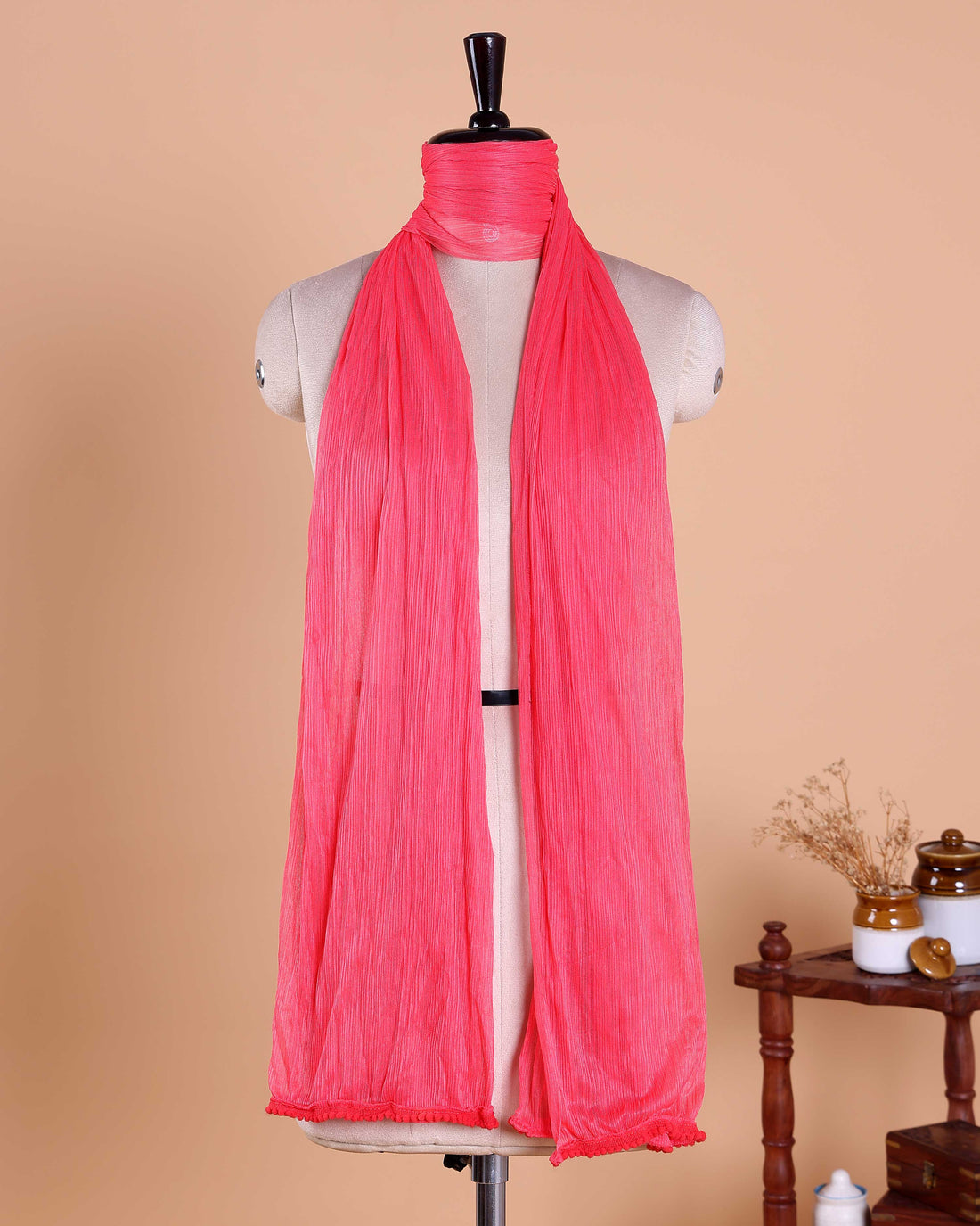 Elegant Solid Women’s Dupatta with Soft Crinkled Texture Lightweight Sheer and Finished Edges - Pink