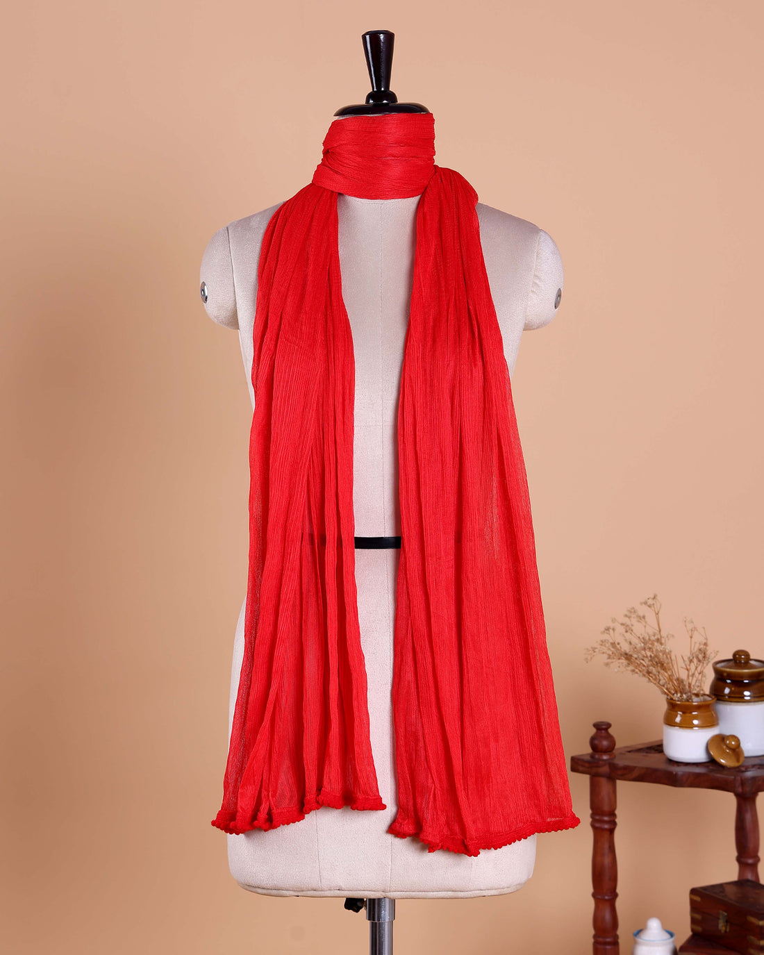 Elegant Solid Women’s Dupatta with Soft Crinkled Texture Lightweight Sheer and Finished Edges - Red