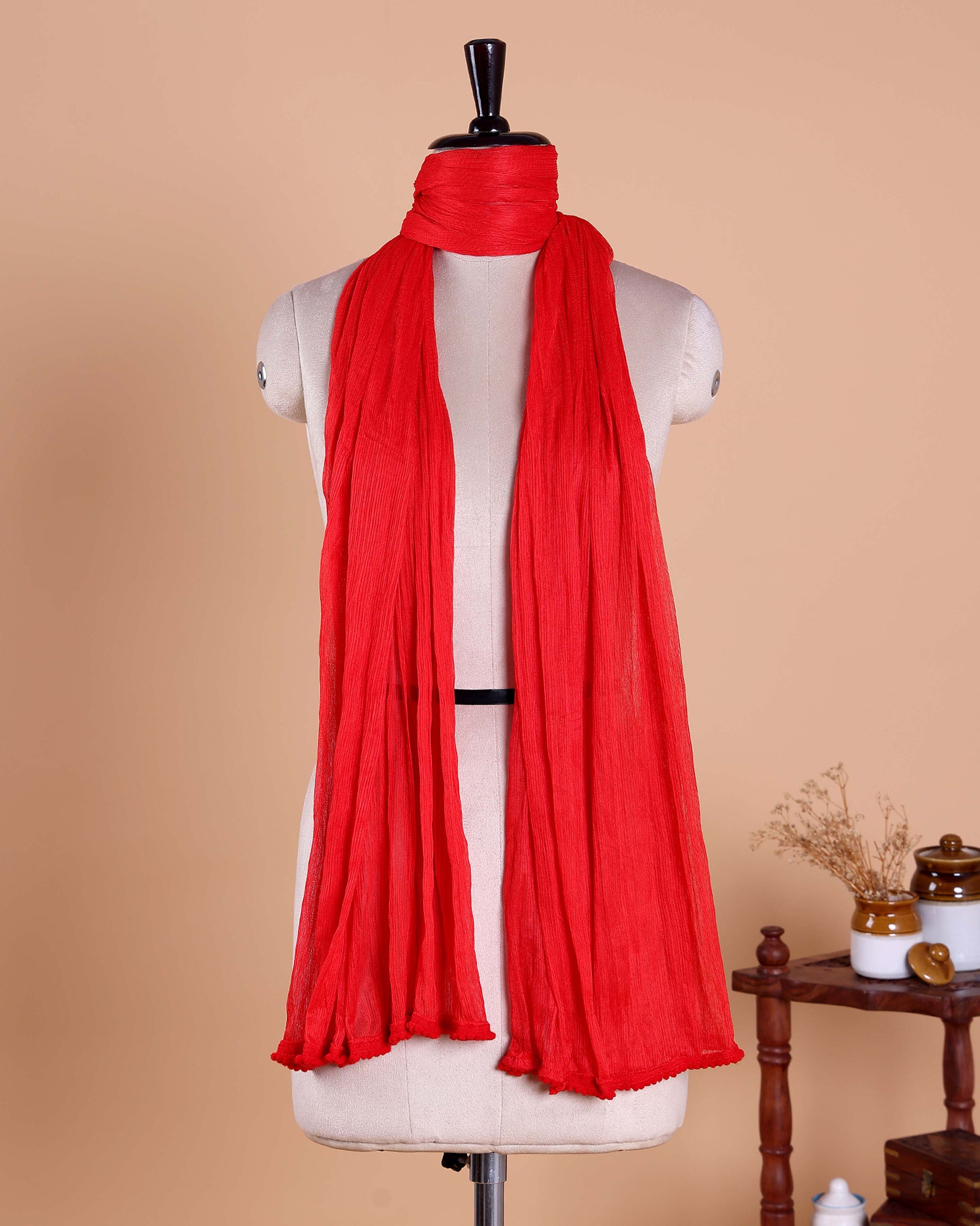 Elegant Solid Women’s Dupatta with Soft Crinkled Texture Lightweight Sheer and Finished Edges, Red