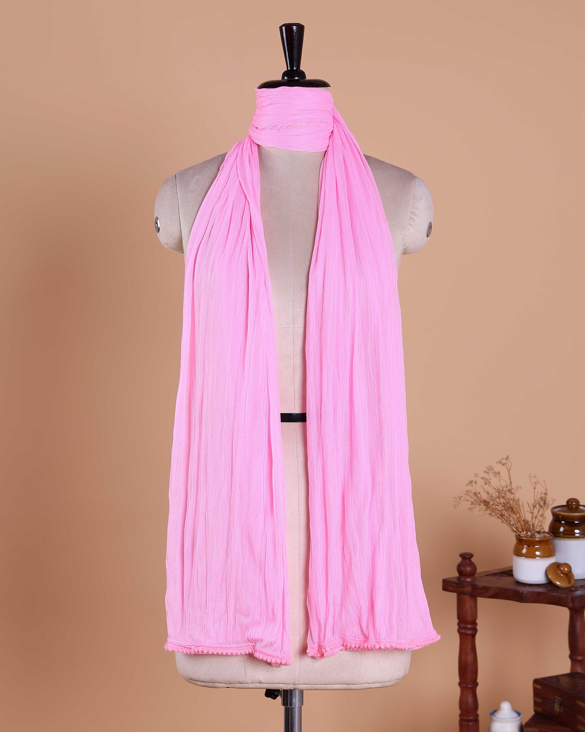Elegant Solid Women’s Dupatta with Soft Crinkled Texture Lightweight Sheer and Finished Edges - Rose Pink