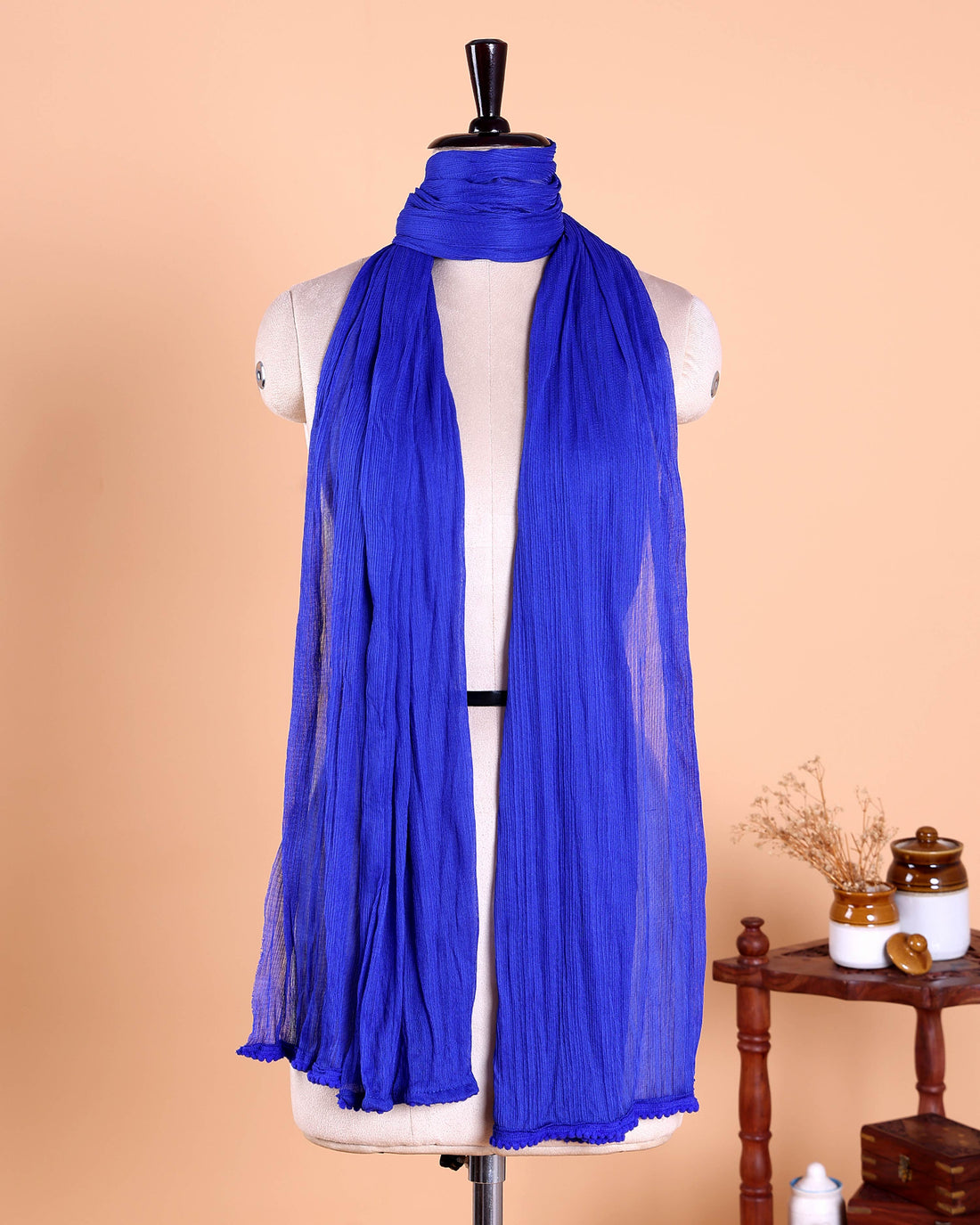 Elegant Solid Women’s Dupatta with Soft Crinkled Texture Lightweight Sheer and Finished Edges - Royal Blue
