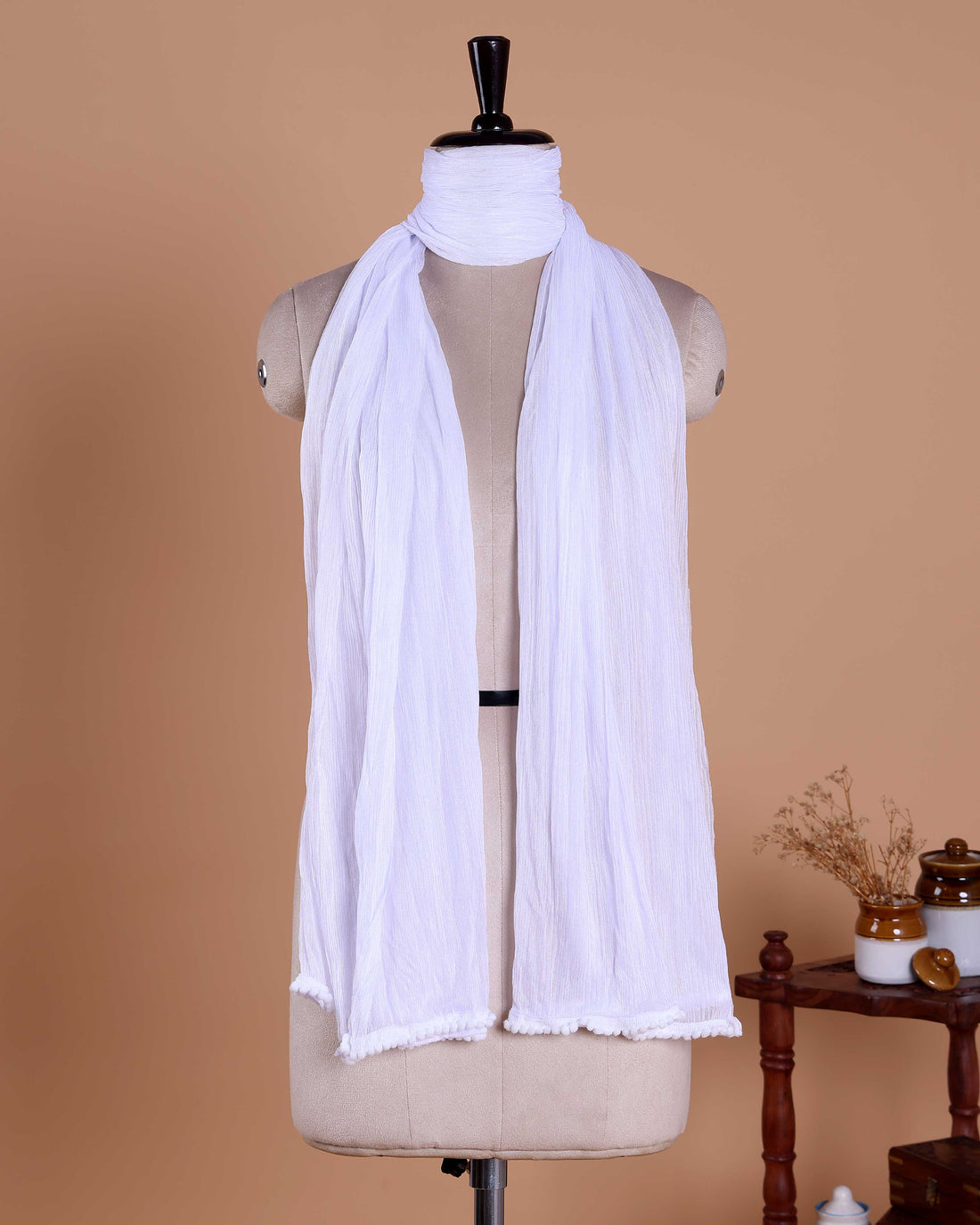 Elegant Solid Women’s Dupatta with Soft Crinkled Texture Lightweight Sheer and Finished Edges - White