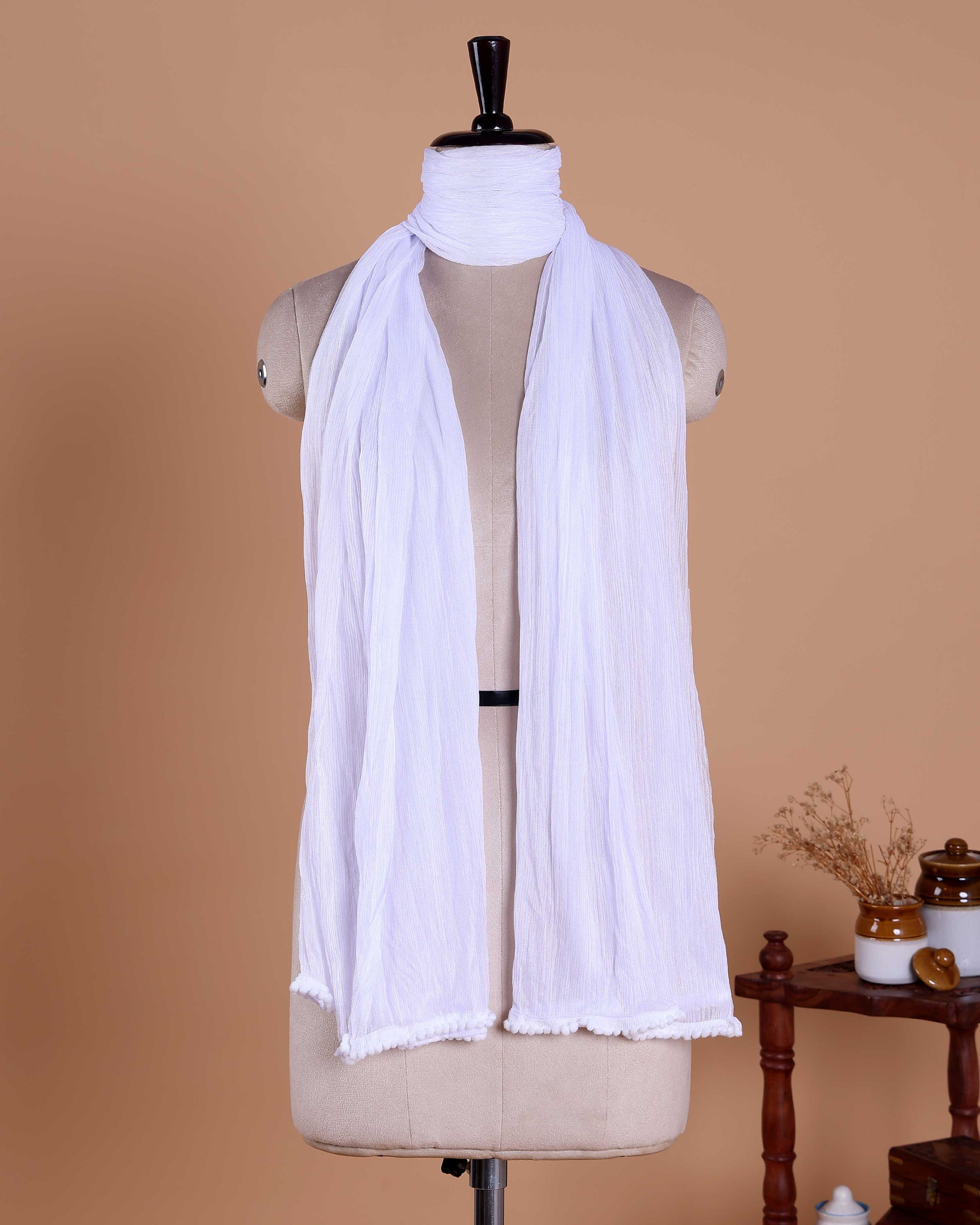 Elegant Solid Women’s Dupatta with Soft Crinkled Texture Lightweight Sheer and Finished Edges, White