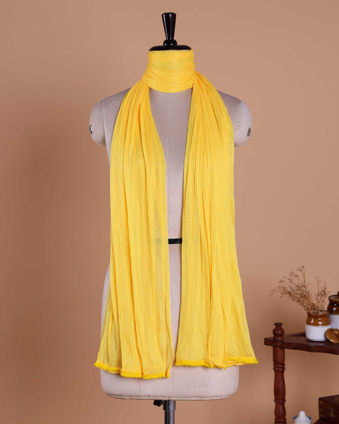 Elegant Solid Women’s Dupatta with Soft Crinkled Texture Lightweight Sheer and Finished Edges - Yellow