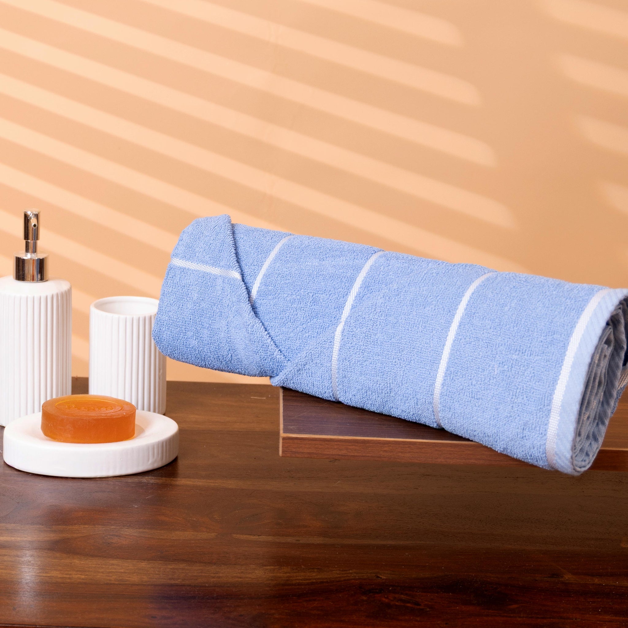 Elegant Striped Textured Cotton Bath Towel - Blue