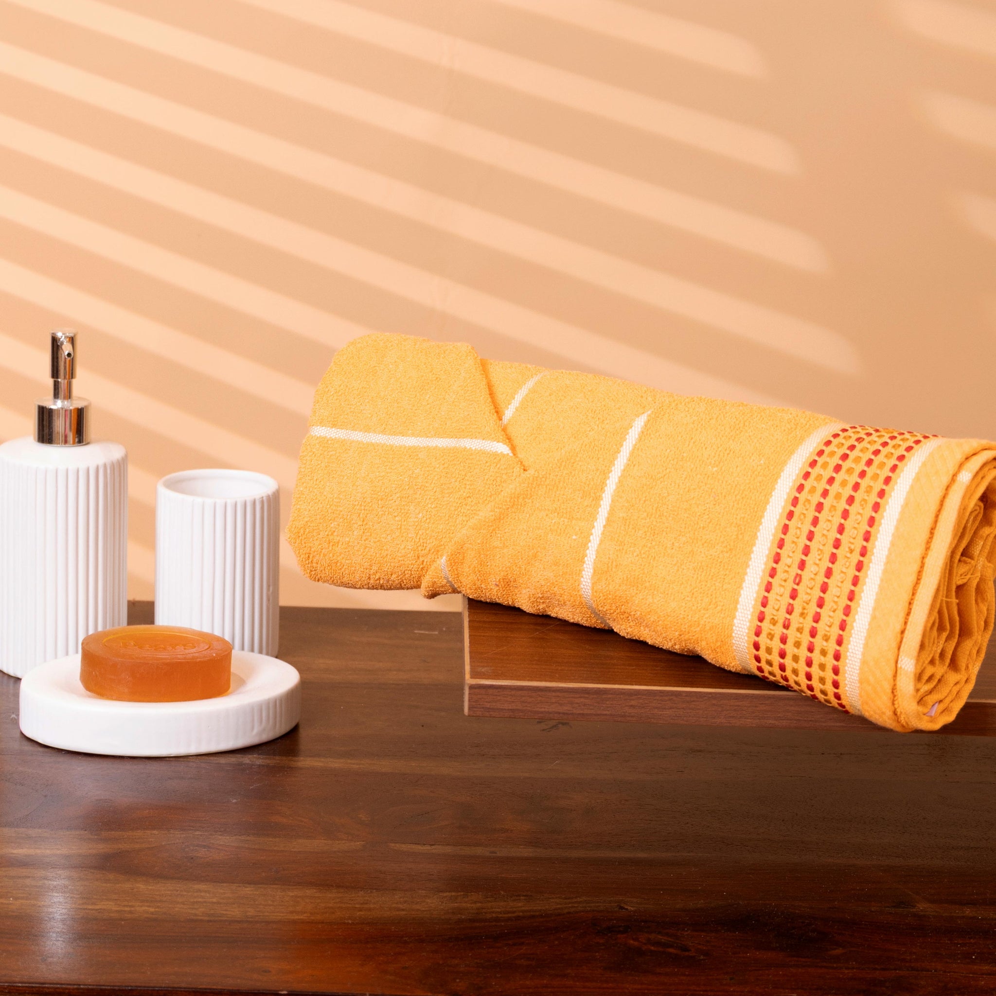 Elegant Striped Textured Cotton Bath Towel  - Yellow