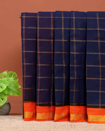 Elegant Sungudi Cotton Handloom Saree with Zari Checked Pattern and Contrast Border - Navy Blue