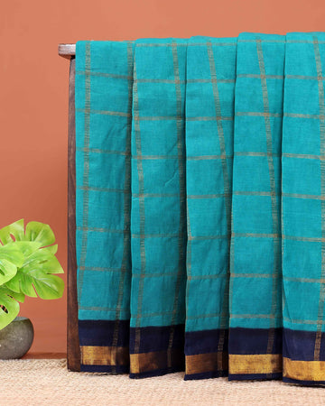 Elegant Sungudi Cotton Handloom Saree with Zari Checked Pattern and Contrast Border - Teal