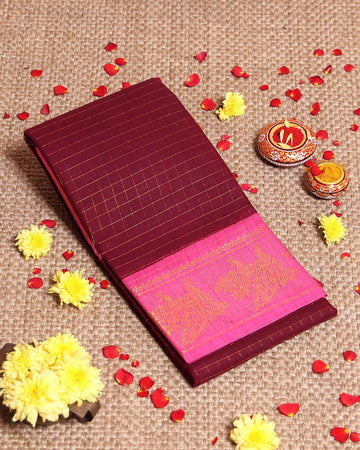 Elegant Sungudi Cotton Saree Zari Checked Pattern with Contrast Traditional Border and Pallu - Dark Maroon