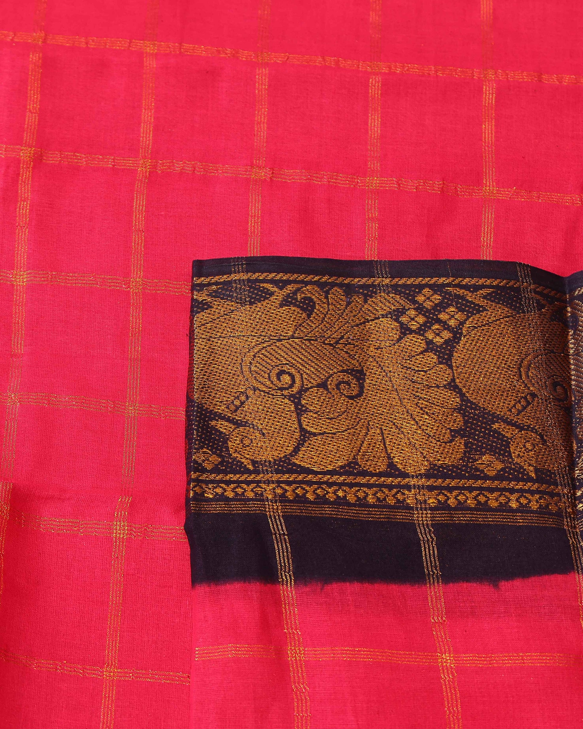 Elegant Sungudi Cotton Saree with Bold Checked Pattern and Intricate Peacock Zari Border - Pink