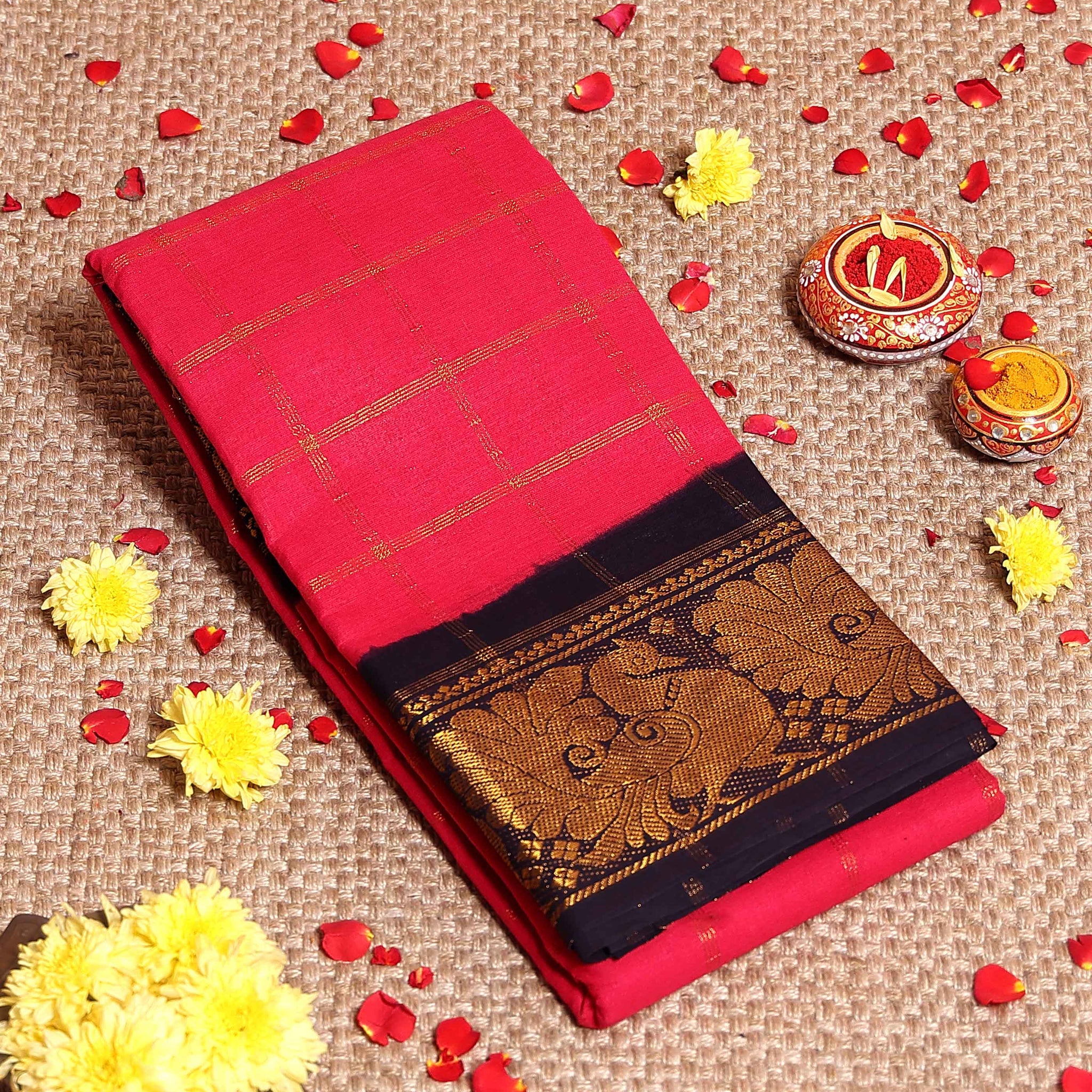 Elegant Sungudi Cotton Saree with Bold Checked Pattern and Intricate Peacock Zari Border - Pink