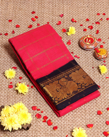 Elegant Sungudi Cotton Saree with Bold Checked Pattern and Intricate Peacock Zari Border - Pink