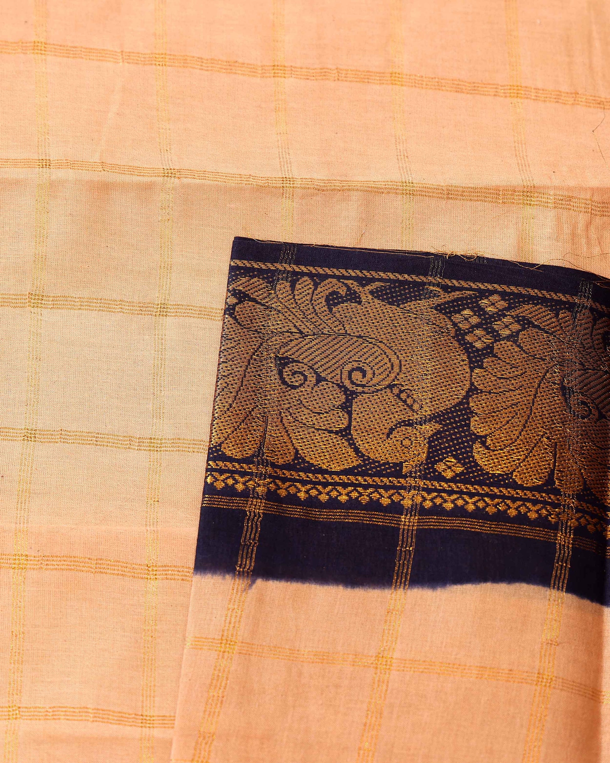 Elegant Sungudi Cotton Saree with Bold Checked Pattern and Intricate Peacock Zari Border - Sandal