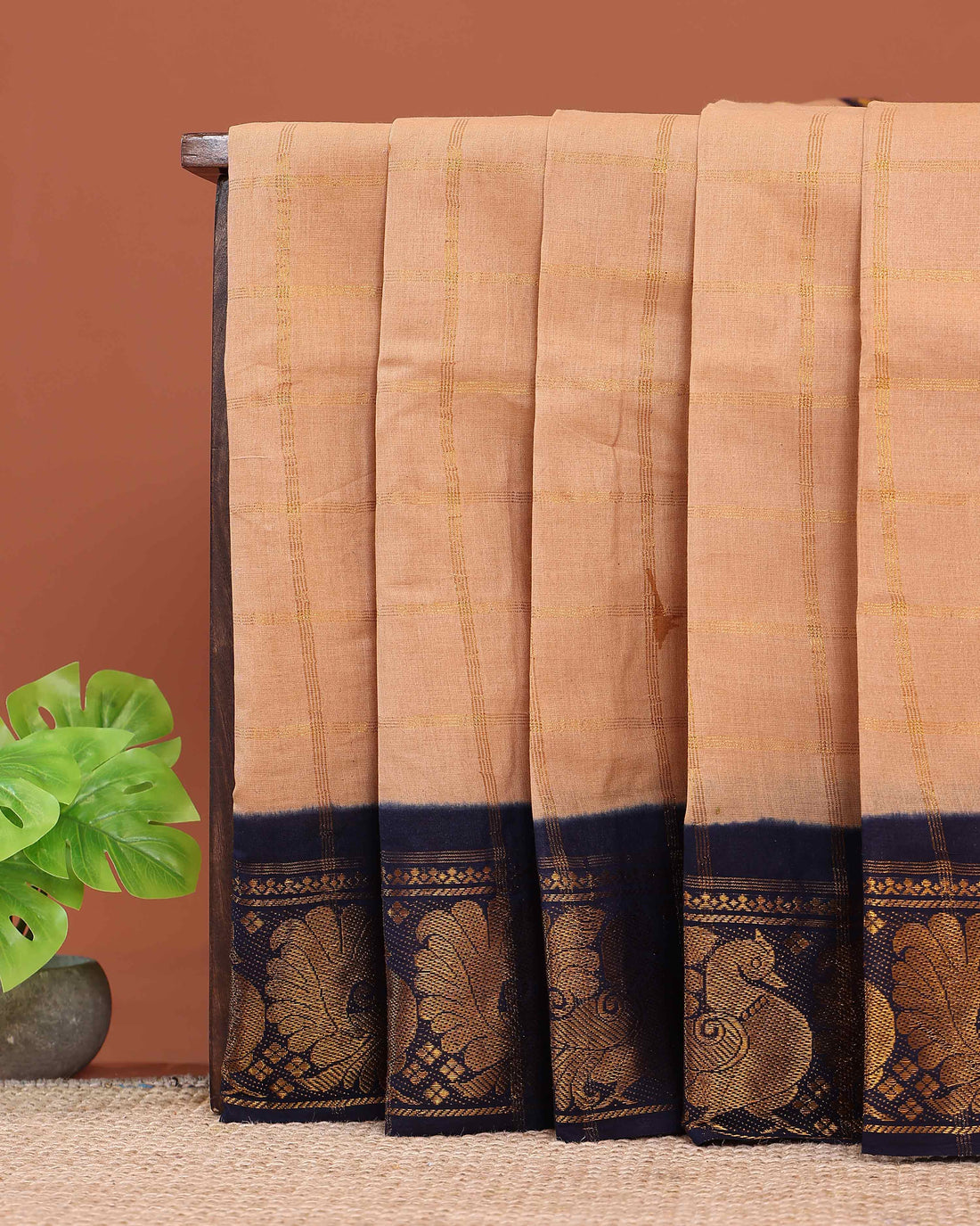 Elegant Sungudi Cotton Saree with Bold Checked Pattern and Intricate Peacock Zari Border - Sandal