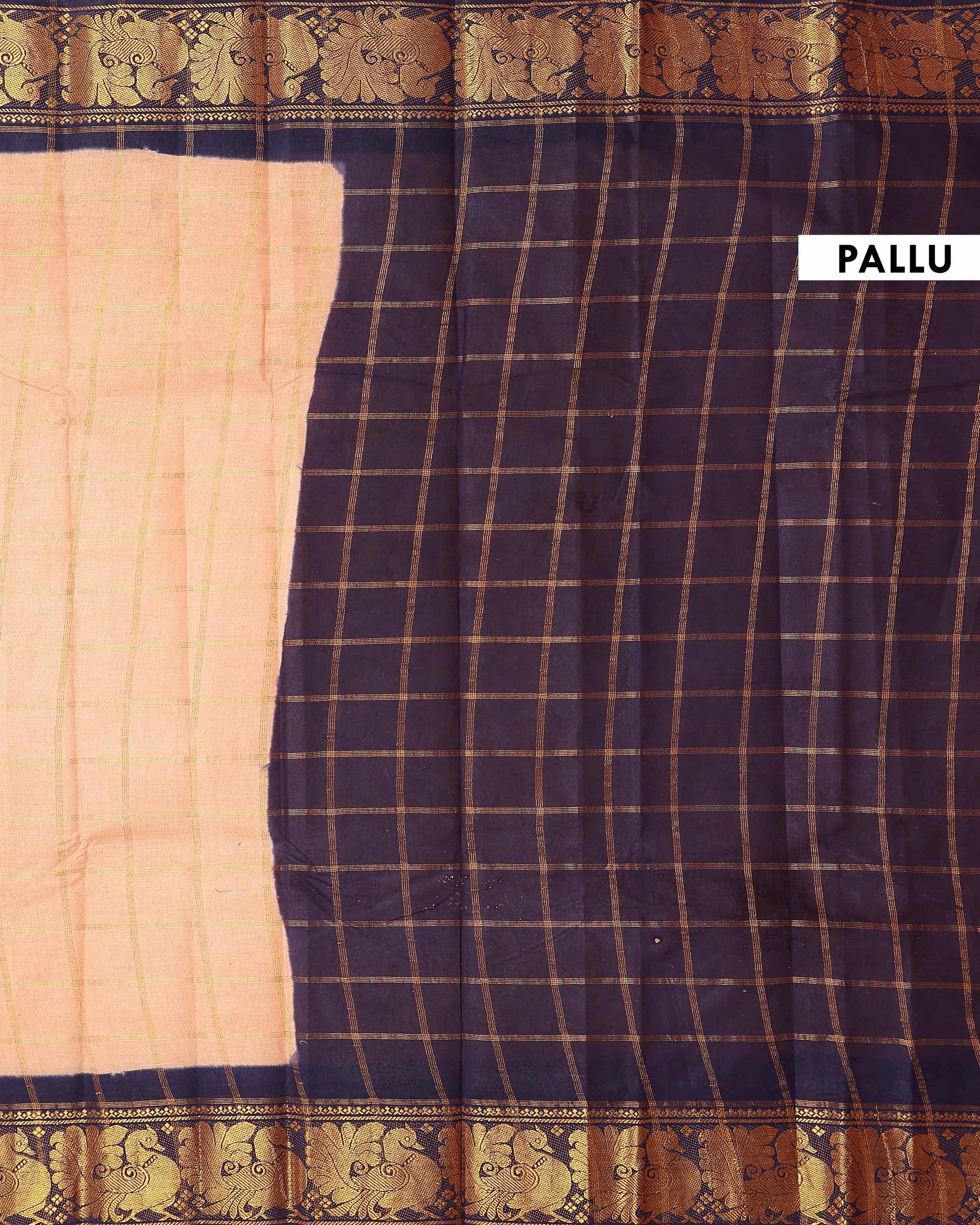 Elegant Sungudi Cotton Saree with Bold Checked Pattern and Intricate Peacock Zari Border - Sandal