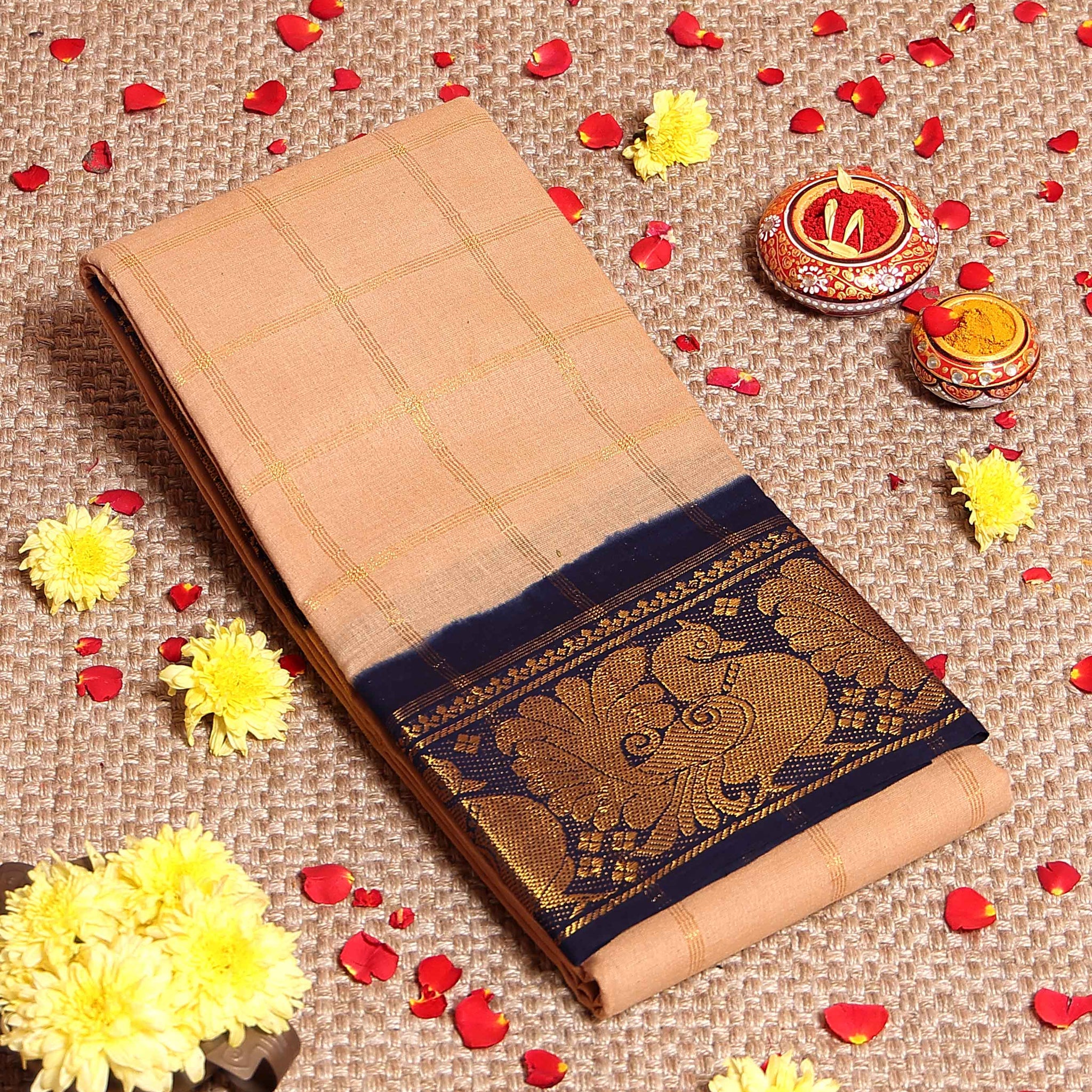 Elegant Sungudi Cotton Saree with Bold Checked Pattern and Intricate Peacock Zari Border - Sandal