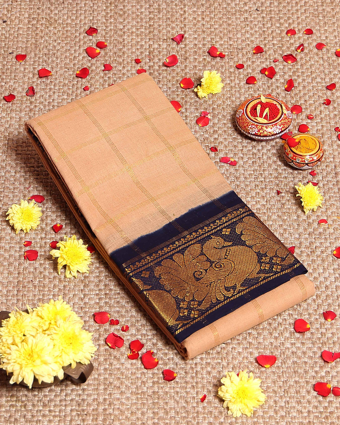 Elegant Sungudi Cotton Saree with Bold Checked Pattern and Intricate Peacock Zari Border - Sandal