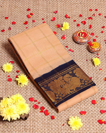 Elegant Sungudi Cotton Saree with Bold Checked Pattern and Intricate Peacock Zari Border - Sandal