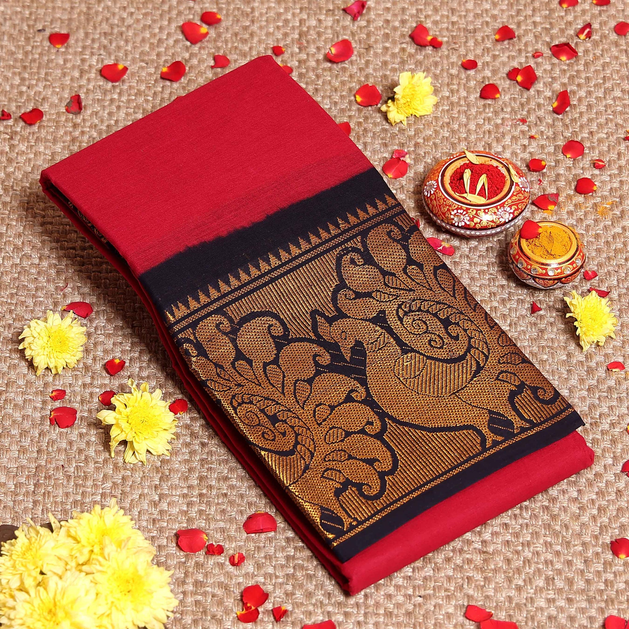 Elegant Sungudi Cotton Saree with Contrast Zari Peacock Motif Border - Red