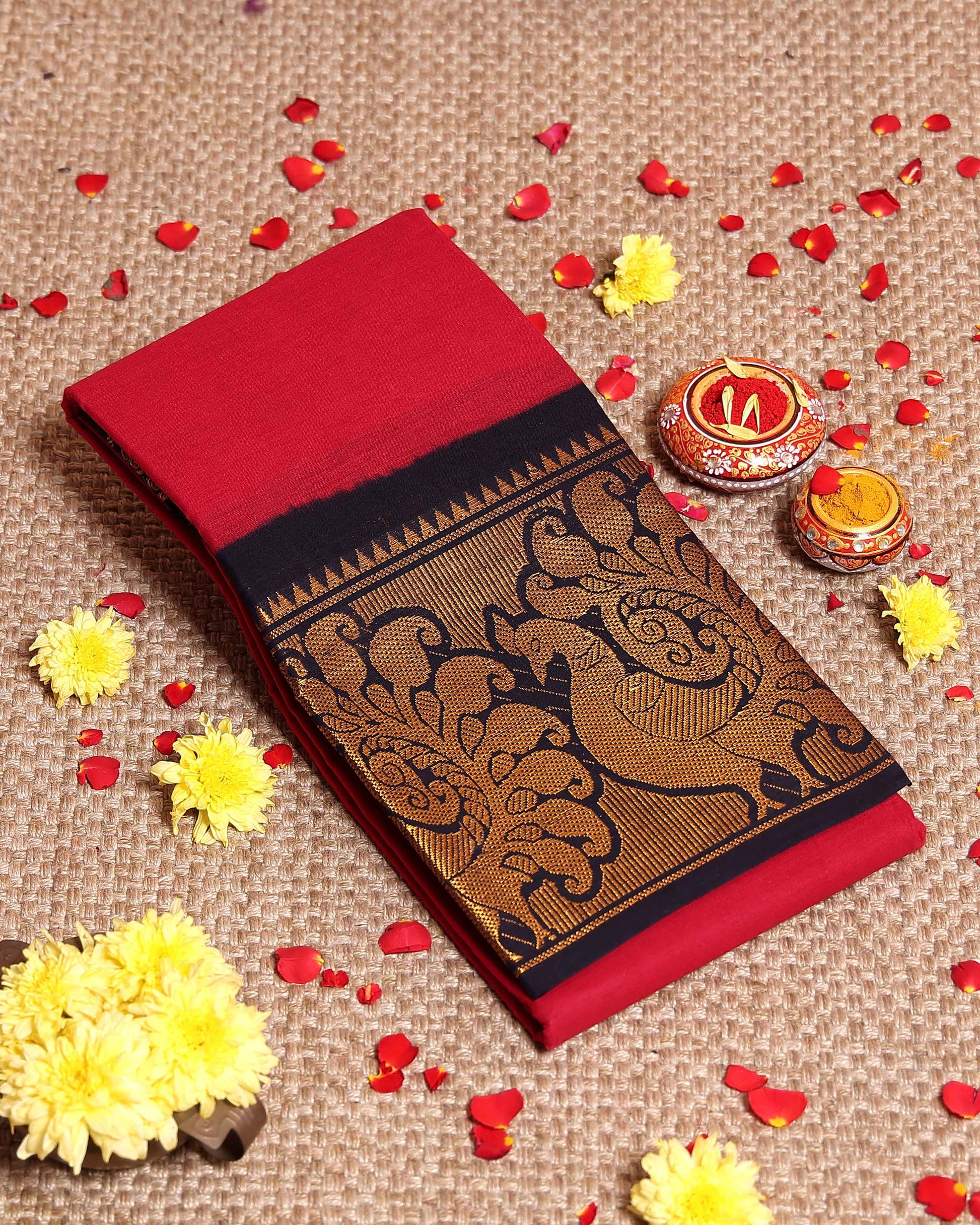 Elegant Sungudi Cotton Saree with Contrast Zari Peacock Motif Border - Red