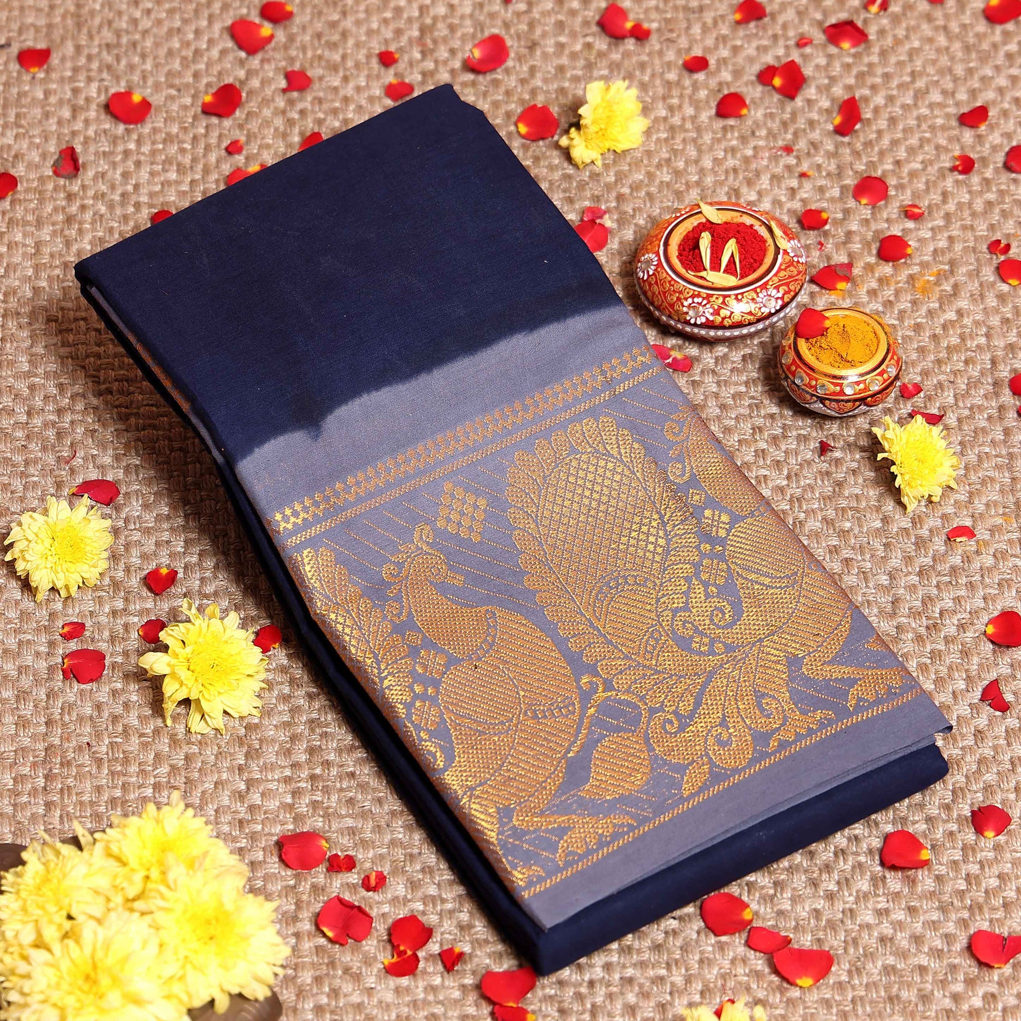 Elegant Sungudi Cotton Saree with Elegant Peacock Zari Border and Plain Body Design - Navy Blue 